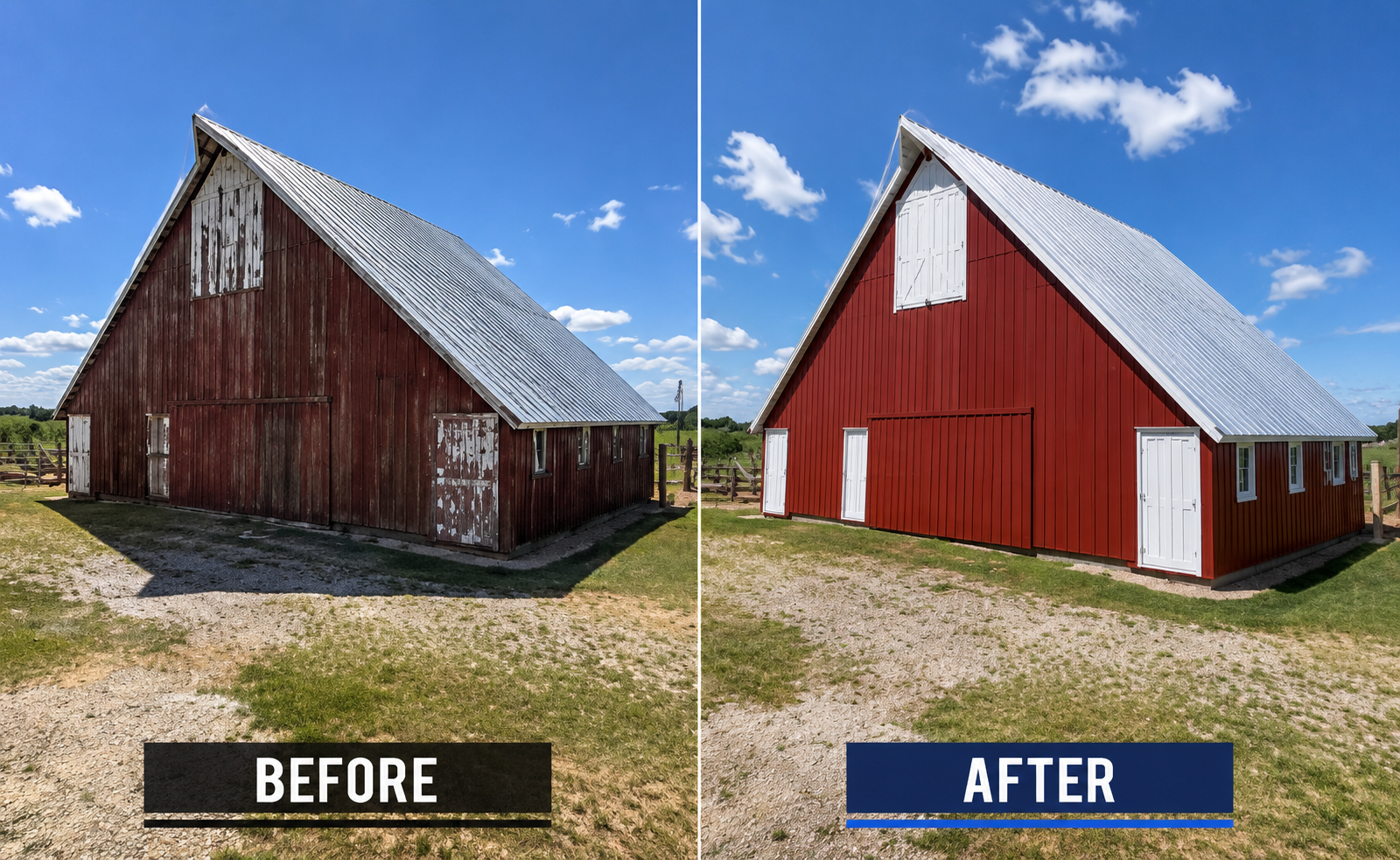 Comparison of a barn before and after renovation: the left side shows a weathered, red barn with peeling paint and an aged roof; the right side shows the same barn painted a bright red with freshly painted white doors and windows, and a clean roof in