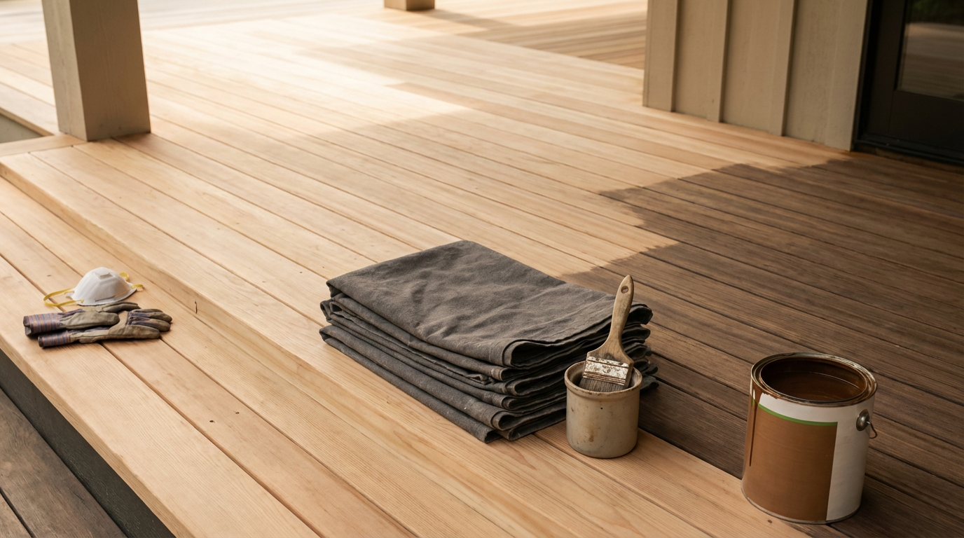 Tools and supplies on a wooden deck, including gloves, a face mask, folded fabric or towels, a paintbrush in a container, and an open can of brown paint.