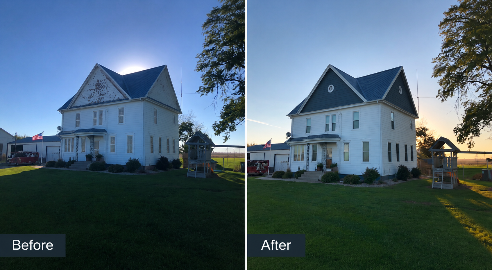 Comparison of a house before and after painting. The house is a three-story white wooden structure with a blue metal roof. In the before image, the paint on the gable is peeling. In the after image, the house has a fresh coat of paint, making it look