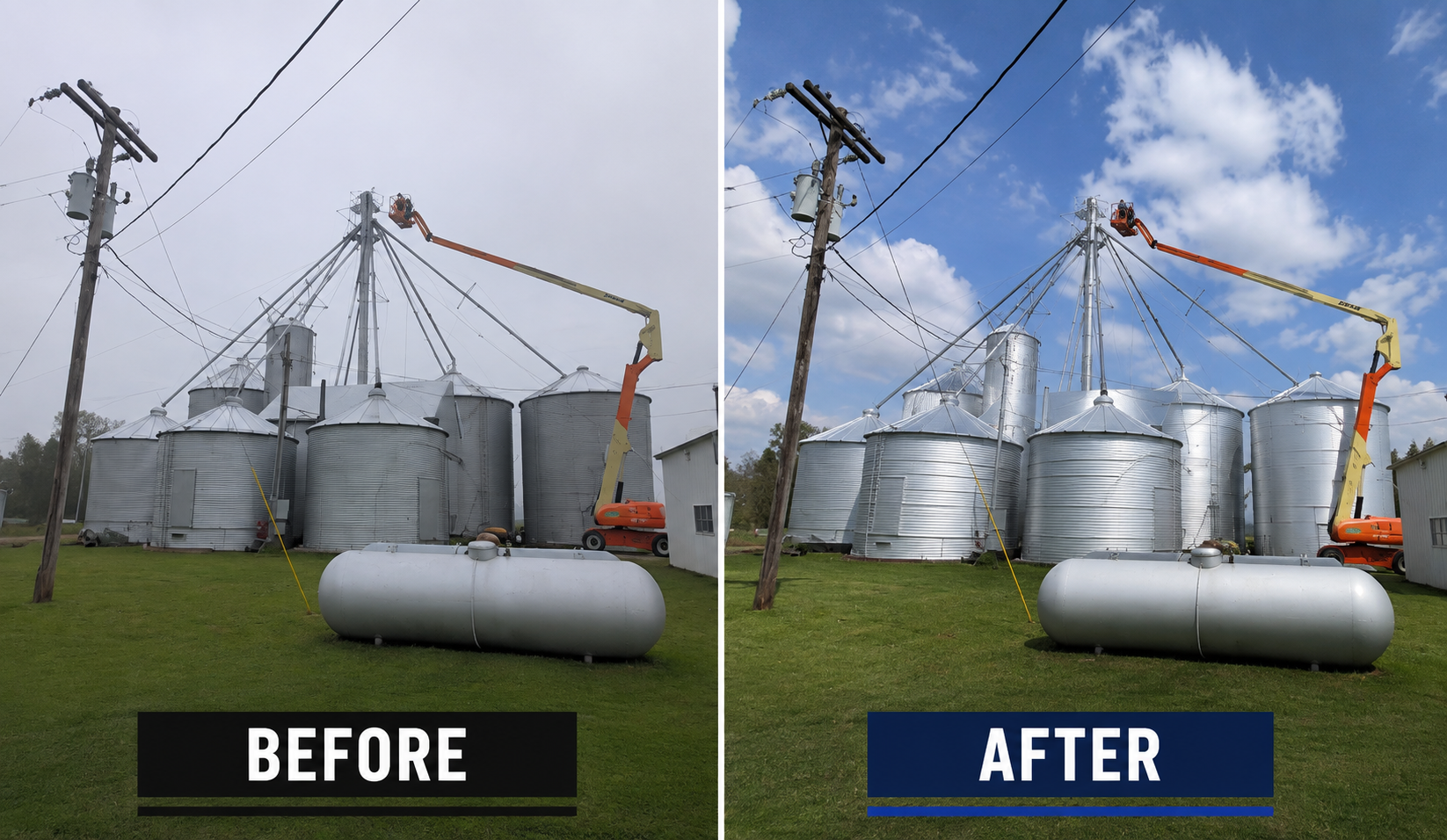 Comparison of two images showing a farm scene: on the left, painted in dull tones with overcast sky, on the right, bright and vibrant with a clear blue sky and white clouds. The scene includes large metal grain silos, a propane tank in the foreground