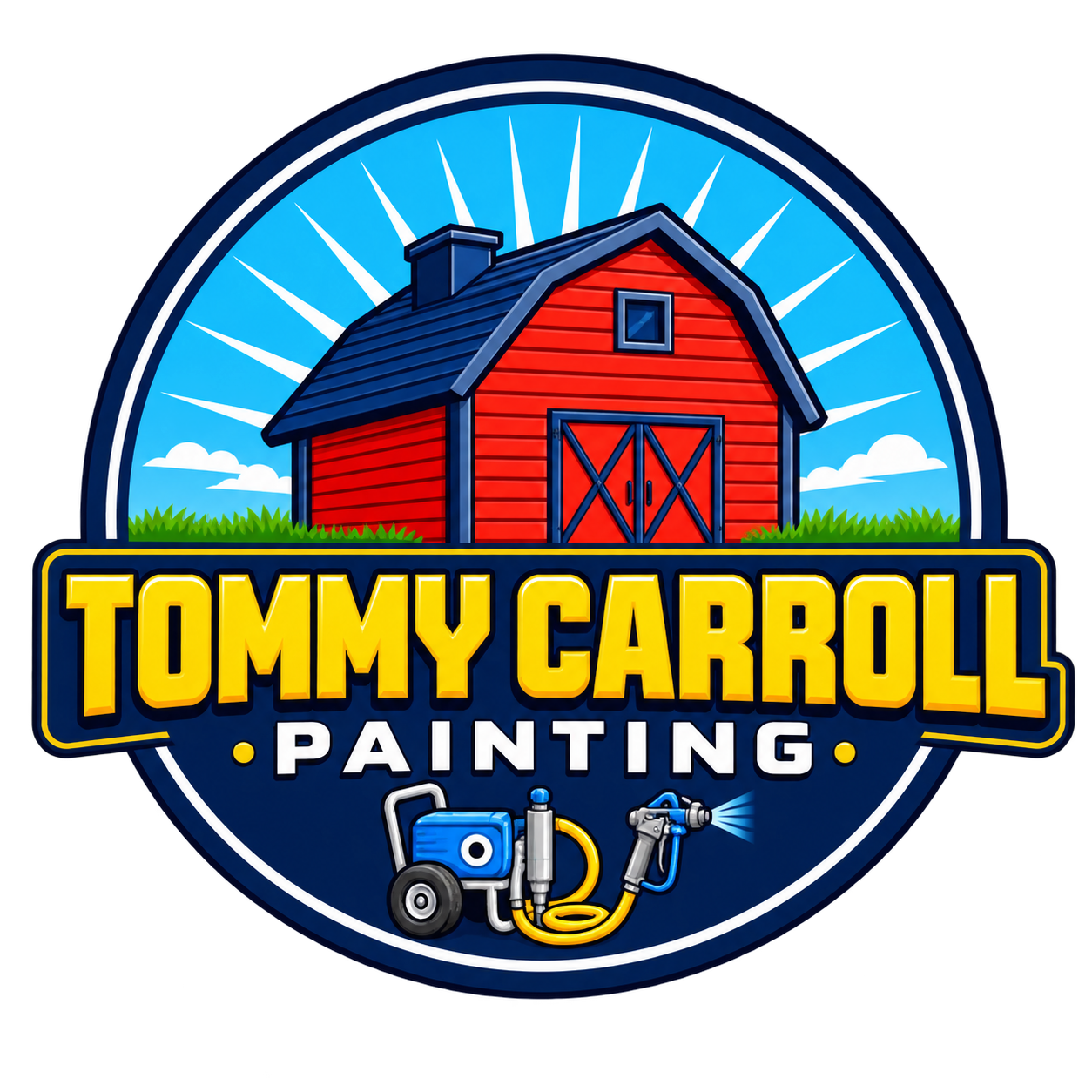 Logo for Tommy Carroll Painting featuring a red barn, blue sky, and painting equipment like a spray gun and air compressor.