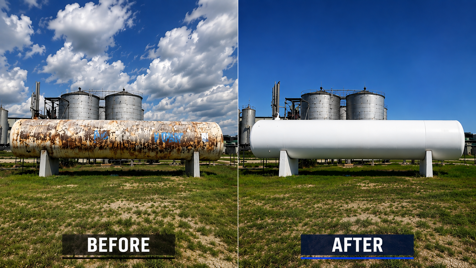 Comparison photo showing a rusty, graffiti-covered propane tank on the left labeled 'Before' and a clean, white tank on the right labeled 'After', both set outdoors under a blue sky with clouds.