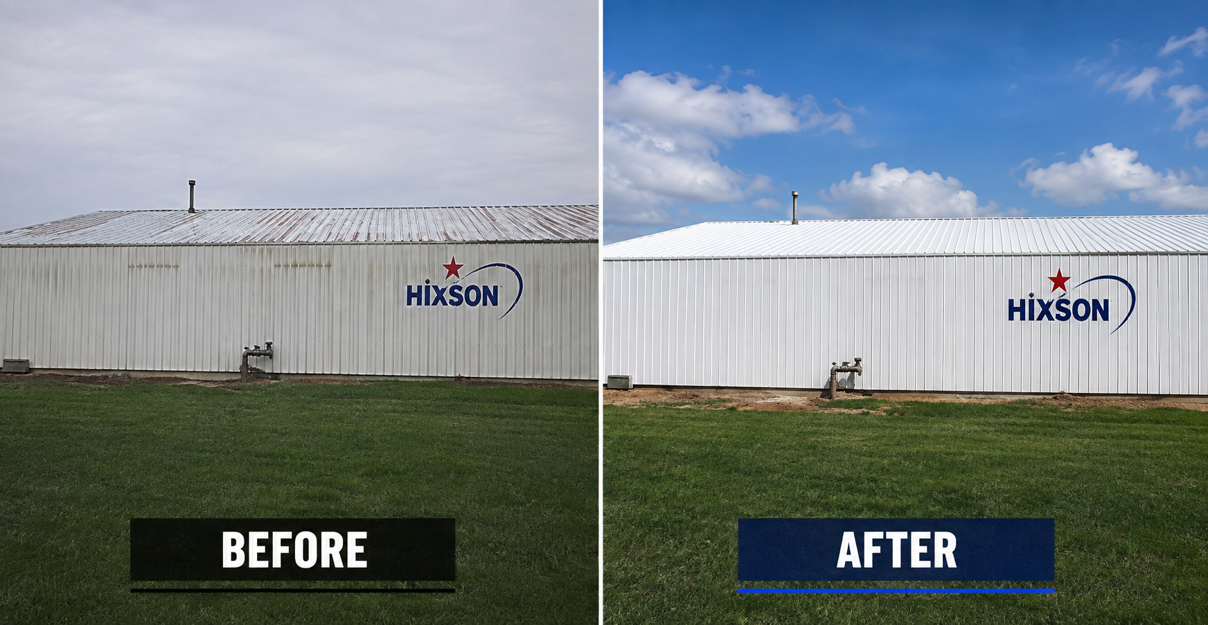 Side-by-side comparison of the same building labeled 'HIXSON' before and after cleaning. The left side shows a building with a rusty roof and dirty exterior; the right side shows the same building with a clean, white roof and exterior, blue sky with 