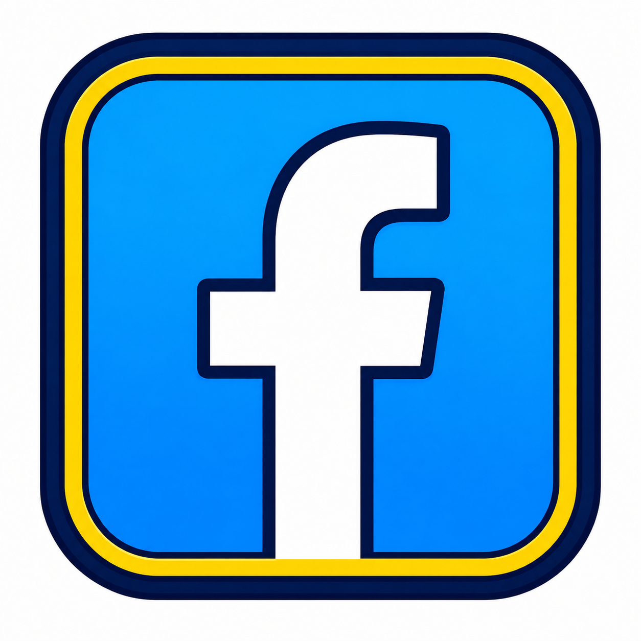 Facebook logo with a blue background, white lowercase 'f' in the center, outlined in dark blue, with a yellow border around the square