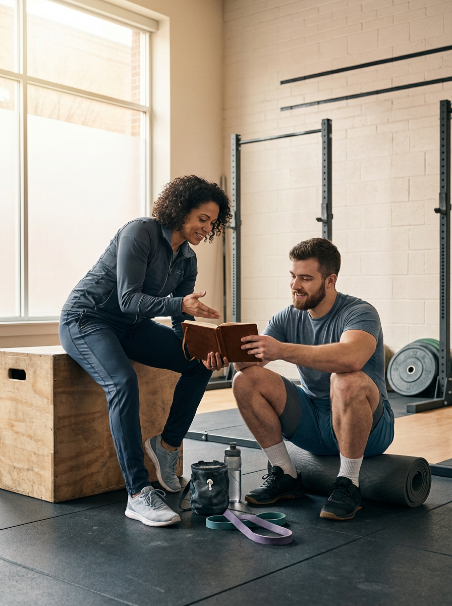 A woman and a man in a gym having a conversation, with the woman seated on a wooden box and the man sitting on a yoga mat. The woman is smiling and holding a notebook, while the man is pointing to it. Gym equipment like weights and resistance bands are visible.