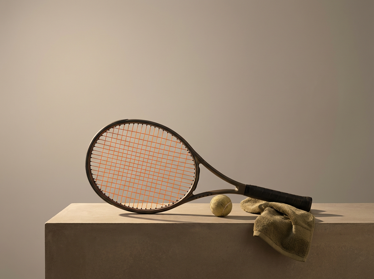 A tennis racket, a tennis ball, a cloth, and a tennis shoe are placed on a light-colored surface against a plain background.