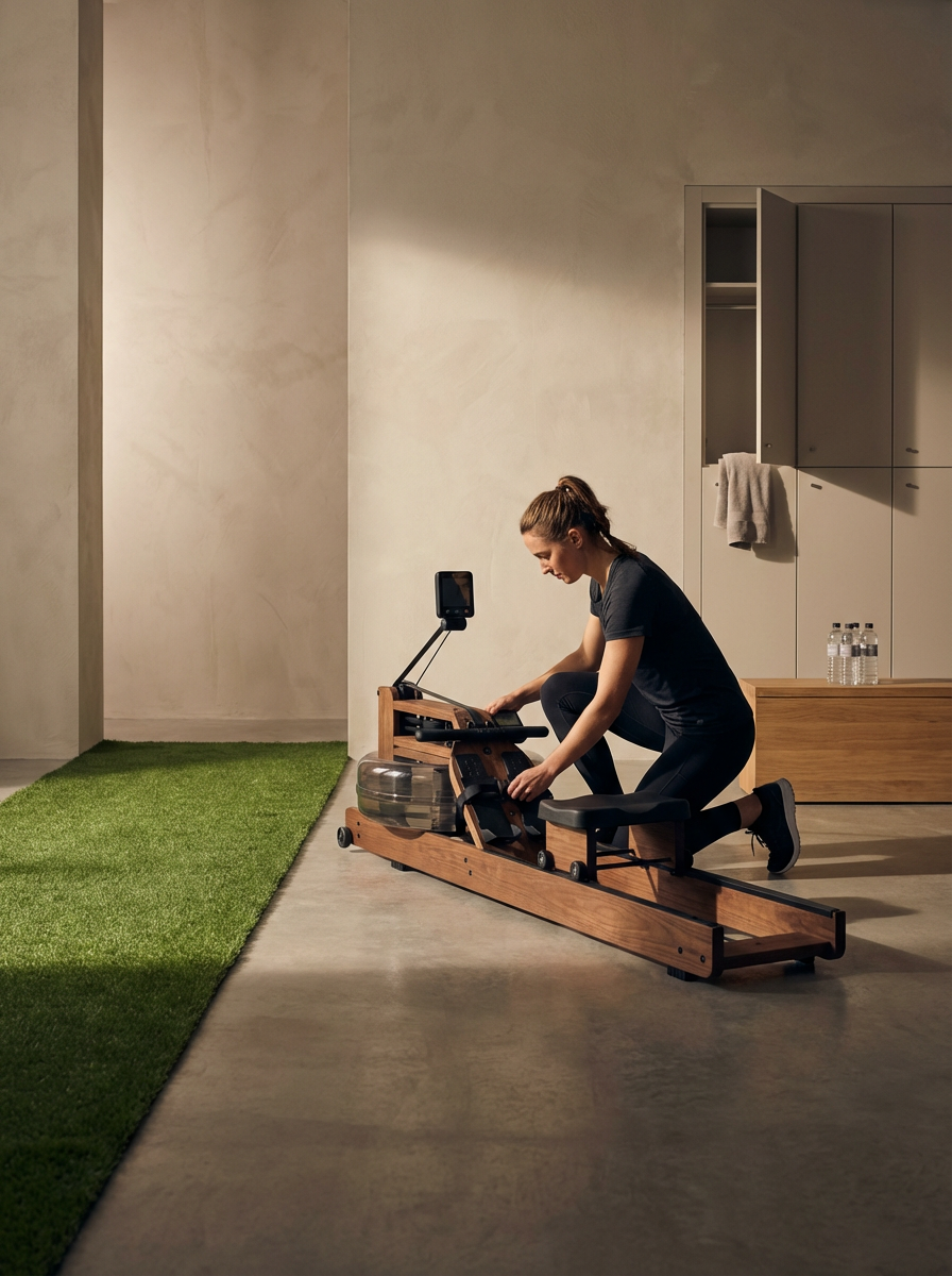 A woman in workout attire uses a rowing machine indoors, with water bottles on a wooden bench nearby.