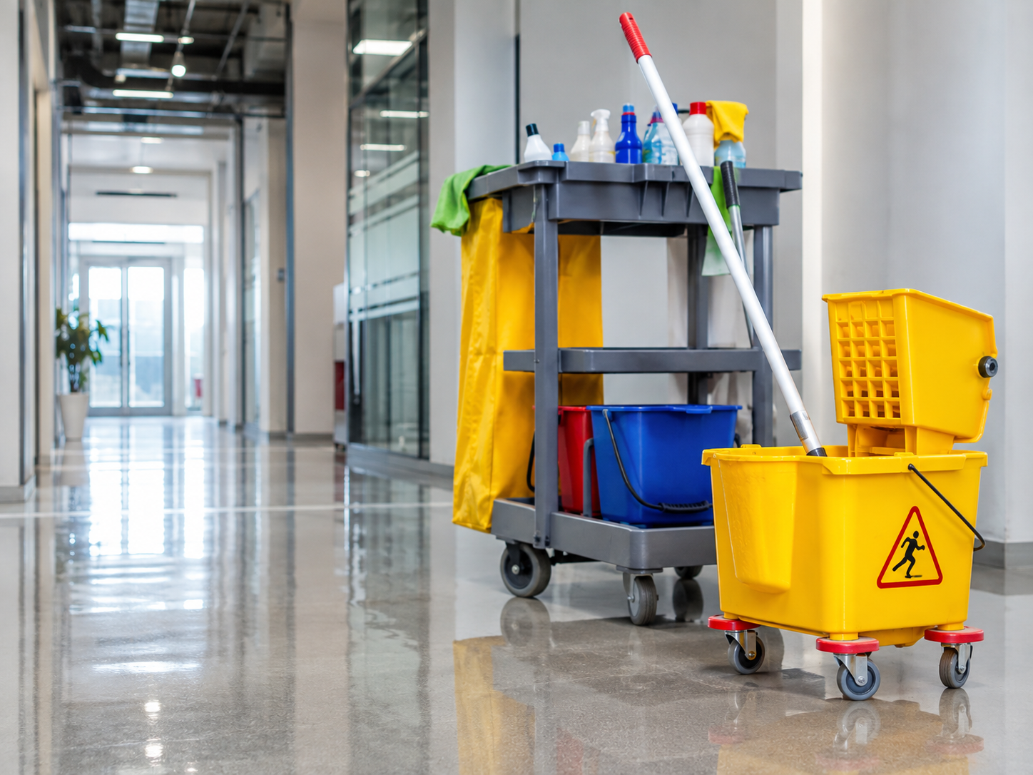 Cleaning cart and mop bucket in a hallway of an office building.