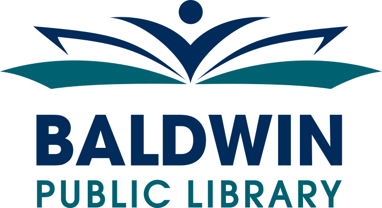 Logo of Baldwin Public Library featuring an open book with a stylized figure above and text indicating the library's name.