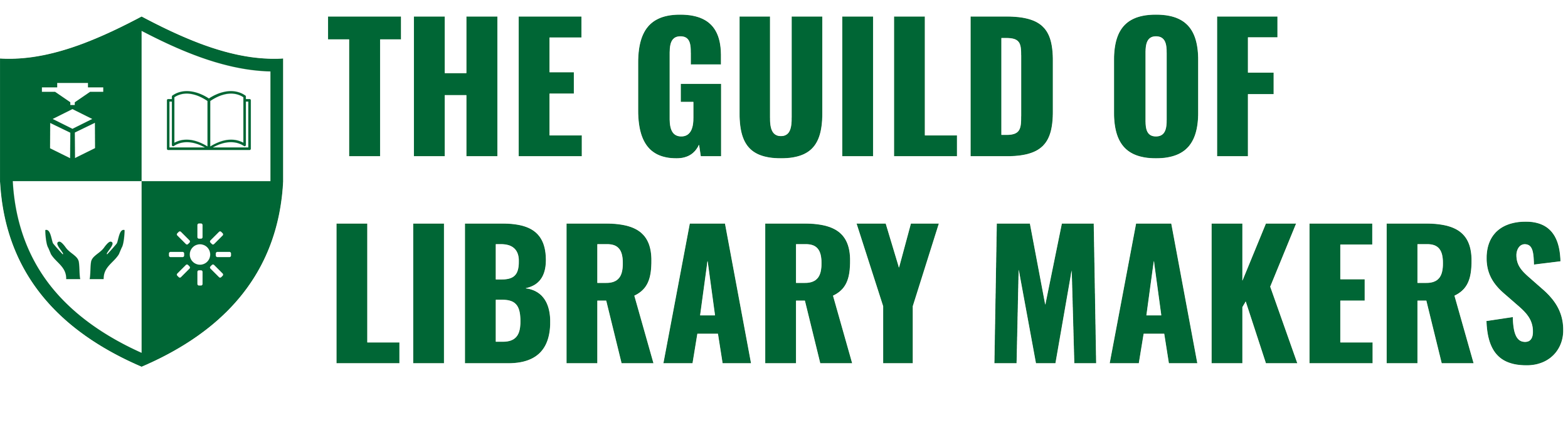 The logo of the Guild of Library Makers featuring a shield with symbols of a book, hands, and a sun, alongside the text 'The Guild of Library Makers' in capital letters