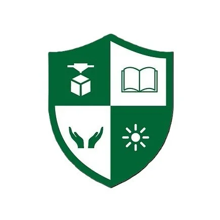A green shield divided into four sections with icons: a hand holding a box with a hammer above it, an open book, two hands, and a sun.