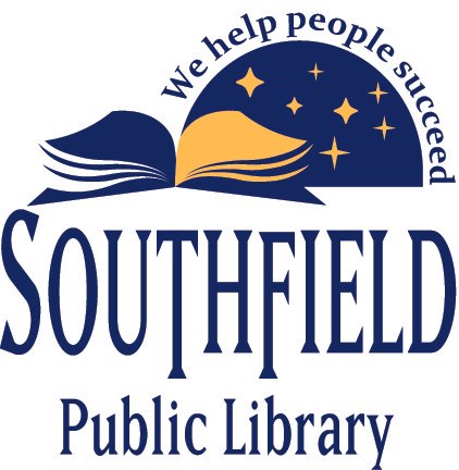 Logo for Southfield Public Library featuring an open book with a night sky and stars, with the slogan 'We help people succeed'.