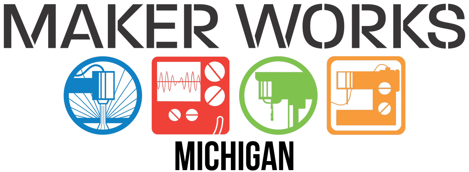 Colorful icons representing maker tools, including a 3D printer, a multimeter, a drill, and a soldering station, with the words 'MAKER WORKS' in the background.
