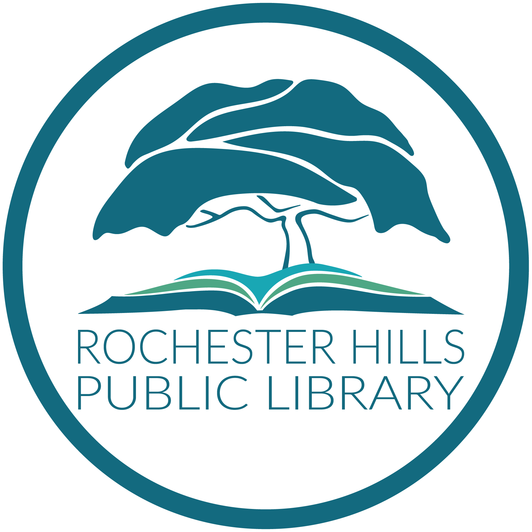 Logo of Rochester Hills Public Library, featuring a graphic of an open book and a tree inside a circular border.