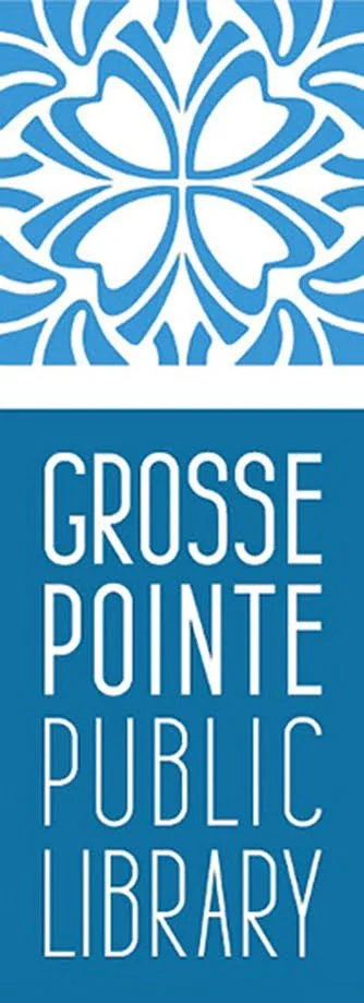 A sign for the Grosse Pointe Public Library with a decorative butterfly pattern at the top.
