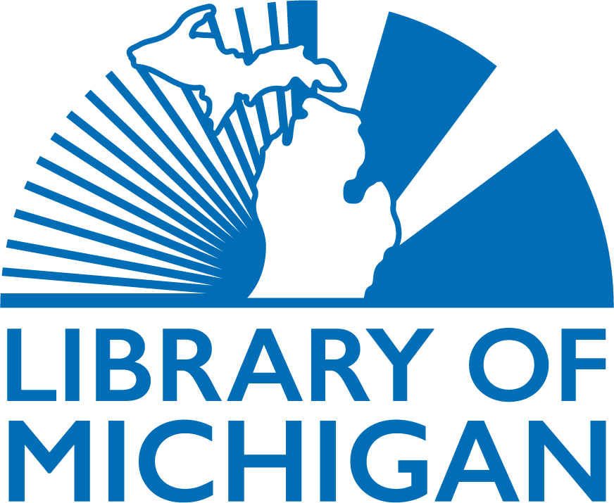 Logo for the Library of Michigan featuring a stylized outline of Michigan with rays emanating from it and the text 'Library of Michigan' beneath.