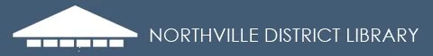 Sign for Northville District Library with a library building icon on a blue background.