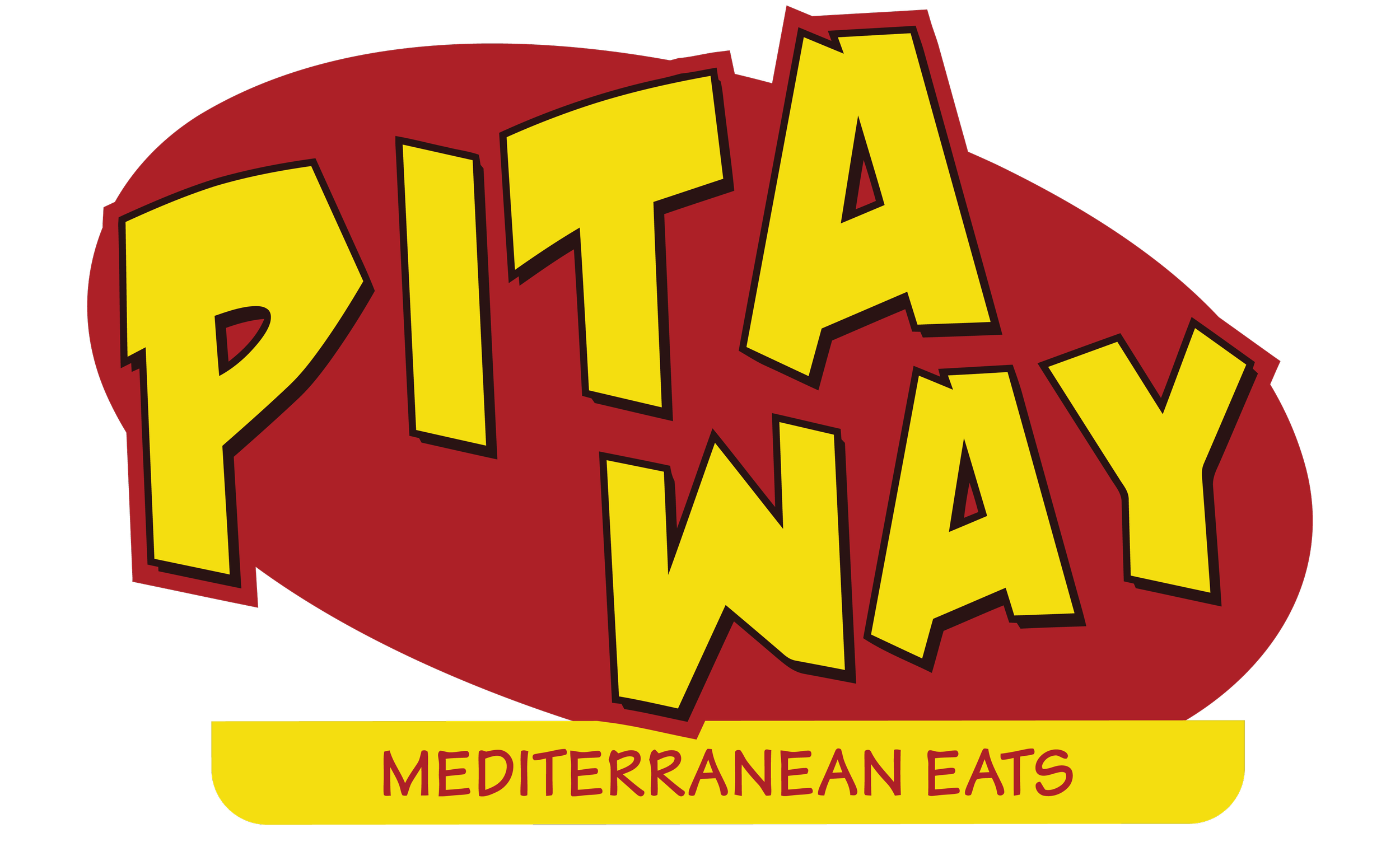 Graphic logo with bold yellow text reading 'PITA PITA' over a red background with the words 'Mediterranean Eats' underneath in red.