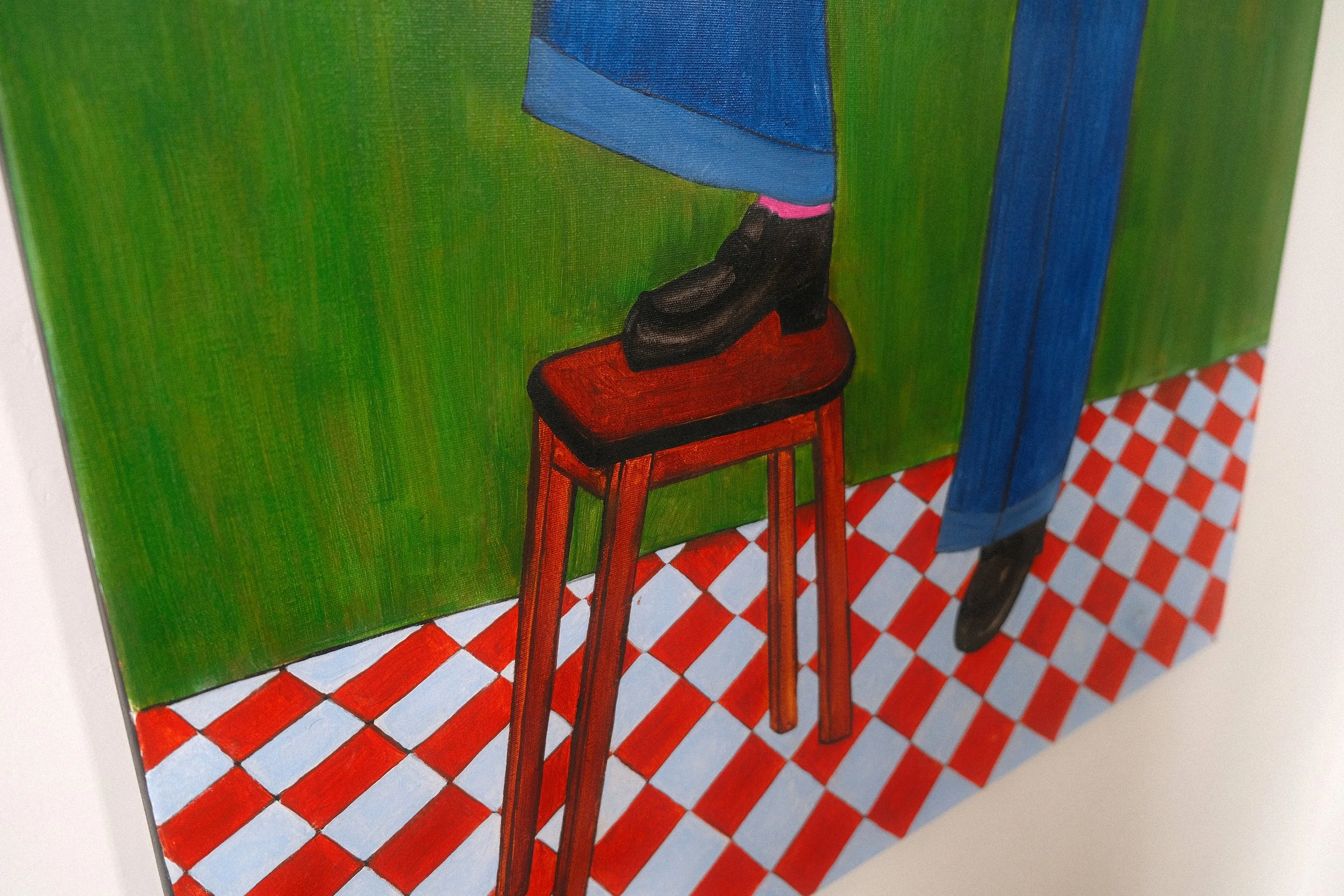 Close-up of the colorful painting The Guardians (B side) showing a woman standing with her black shoes on a stool, checkered terracotta-white floor. Vibrant green background. 