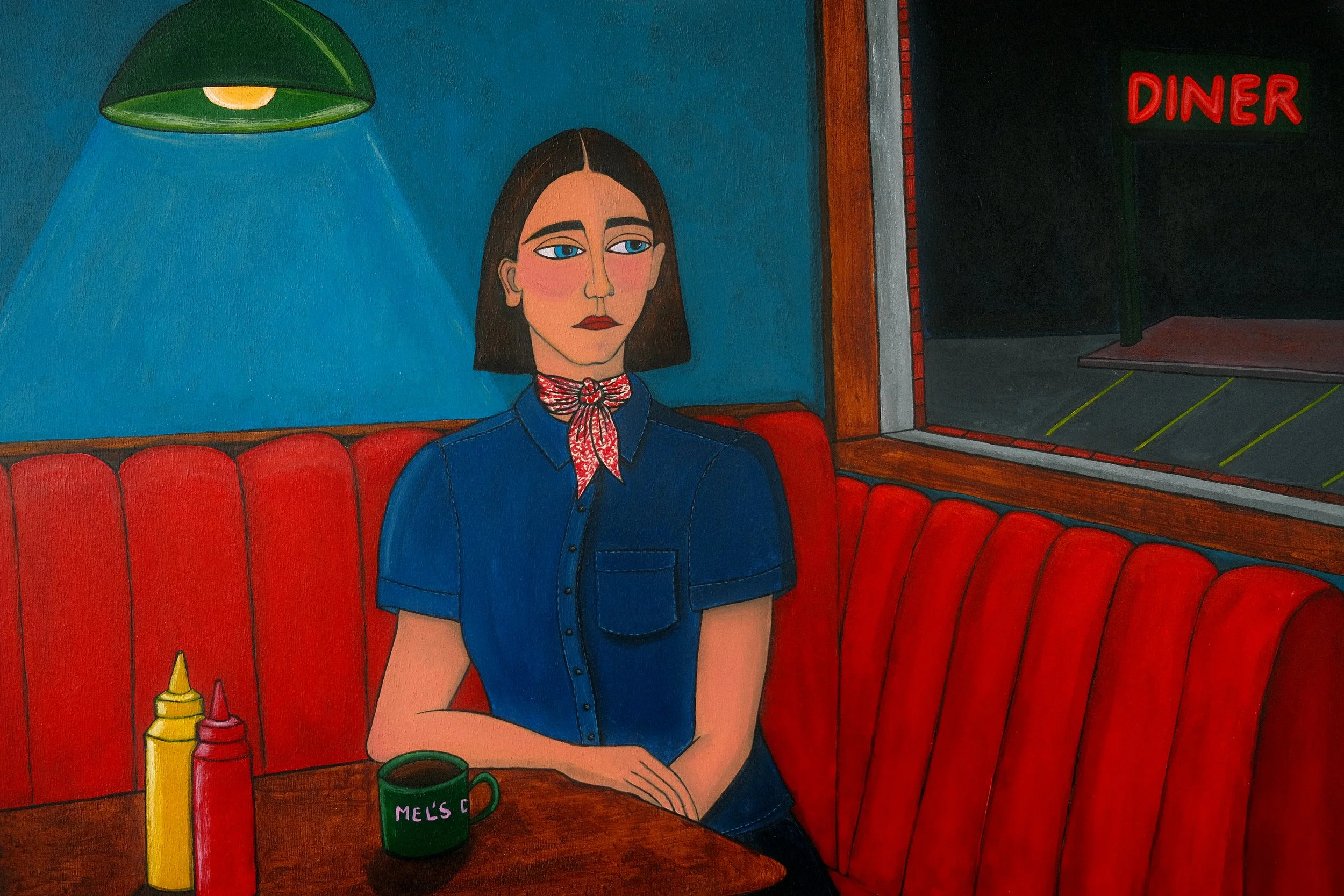 Down the mother road. Close-up of the painting Diner. A self portrait of the artist Lola Nova, sitting in a lonely diner, dark hair, big blue eyes. A light above her table, a red booth, through the window a neon sign with Diner.