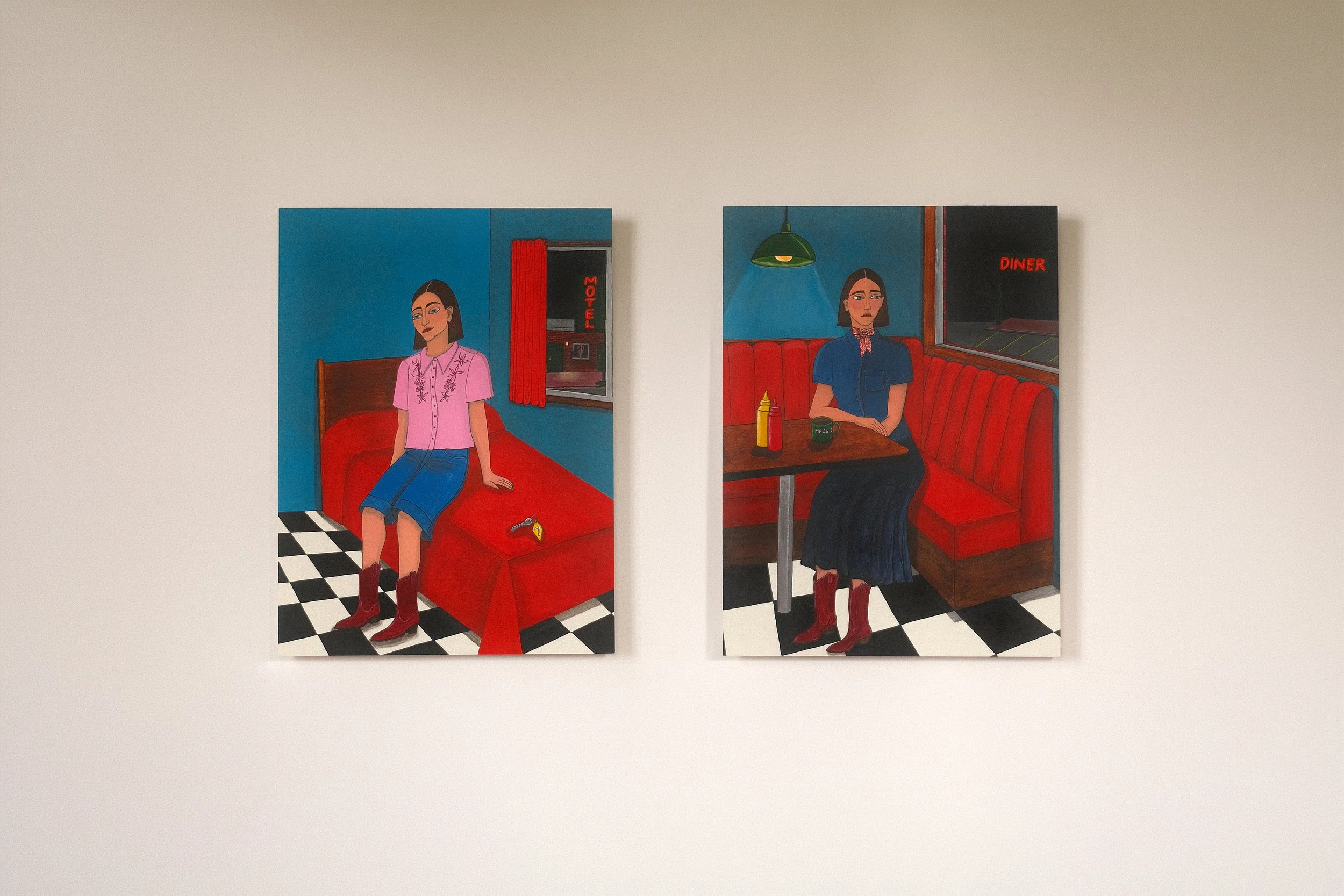 Down the mother road. Motel & Diner. 
Two figurative paintings by Lola Nova. Self portraits of her sitting in a motel and one in a diner with checkered floors, red booths/bedlinen, a blue wall, dressed in vintage clothing with red cowboy boots.