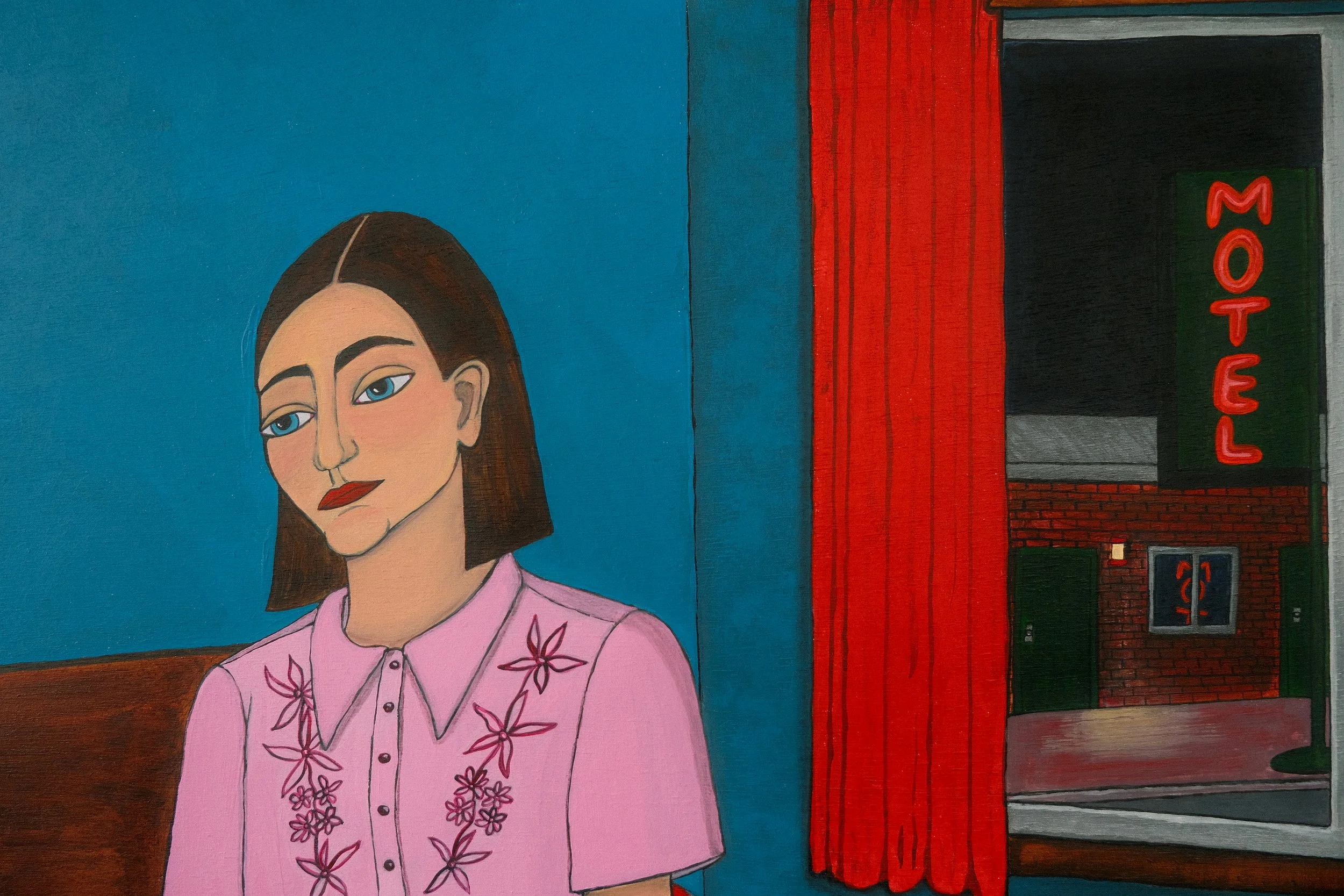 Down the mother road. Close-up of the painting Motel. A self portrait of the artist Lola Nova, A woman in a motel room with a pink blouse sitting on red bed linen, blue walls and through the window the neon Motel sign and other building. 