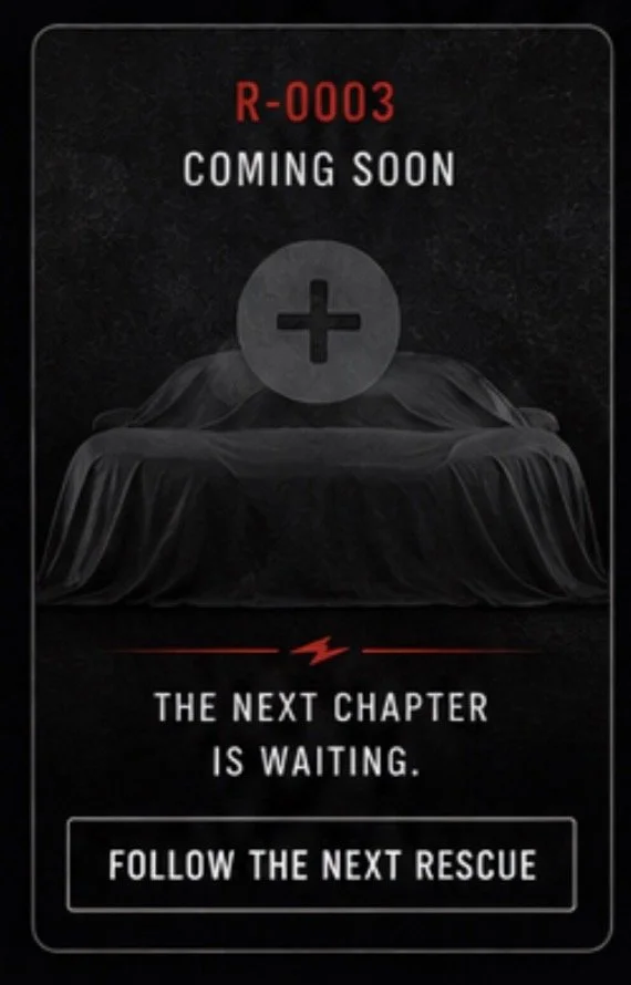 A dark poster with a new medical or emergency theme. It features a covered body or figure on a table, with a large medical cross symbol above it. The text says 'R-0003 Coming Soon,' 'The Next Chapter Is Waiting,' and a button that reads 'Follow the Next Rescue'.