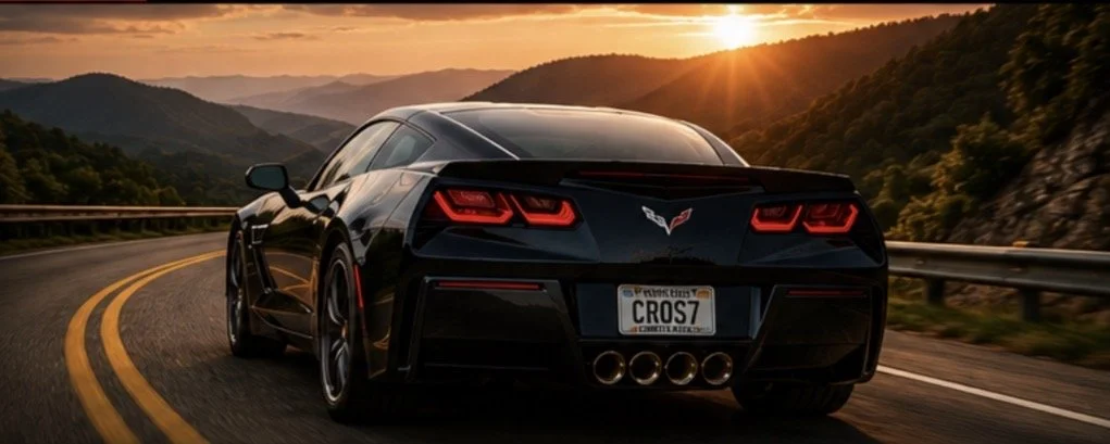 A black Chevrolet Corvette sports car driving on a winding mountain road at sunset.
