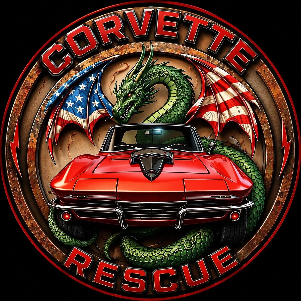 A logo featuring a red Chevrolet Corvette with a green dragon behind it, which has bat-like wings decorated with the American flag pattern, and the words 'CORVETTE RESCUE' in bold letters.