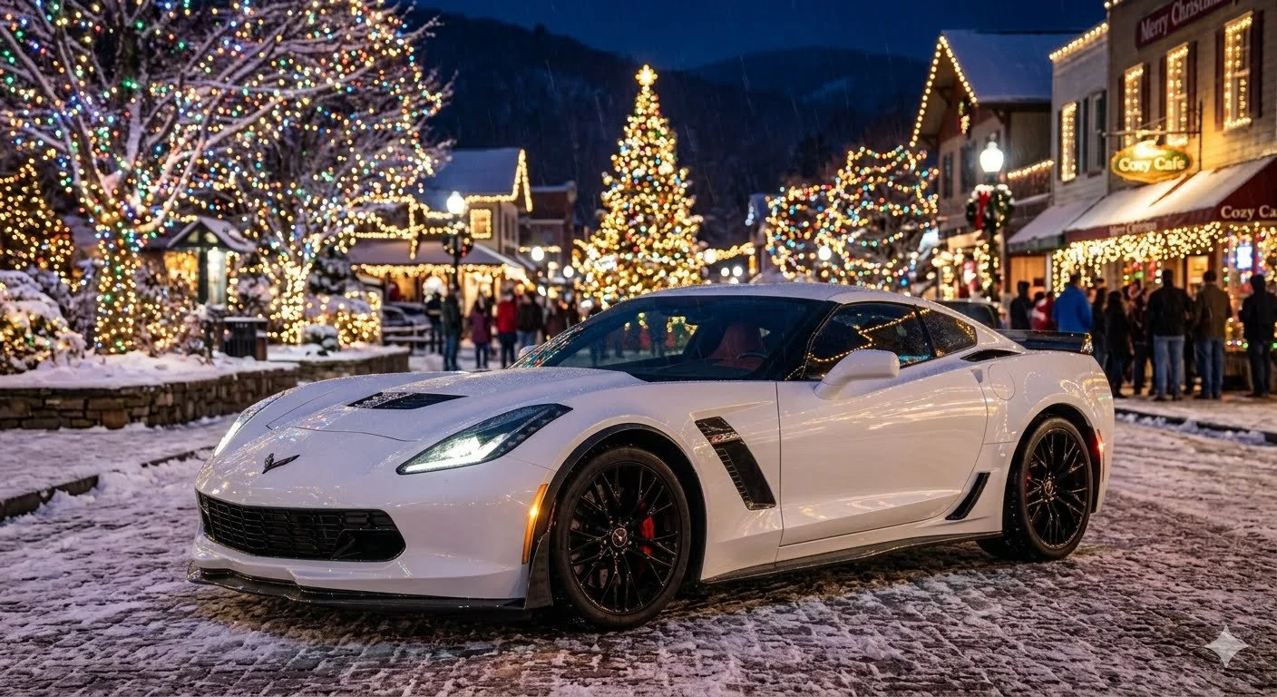 A white sports car parked on a snow-covered street in a festive, Christmas-lit town square at night.