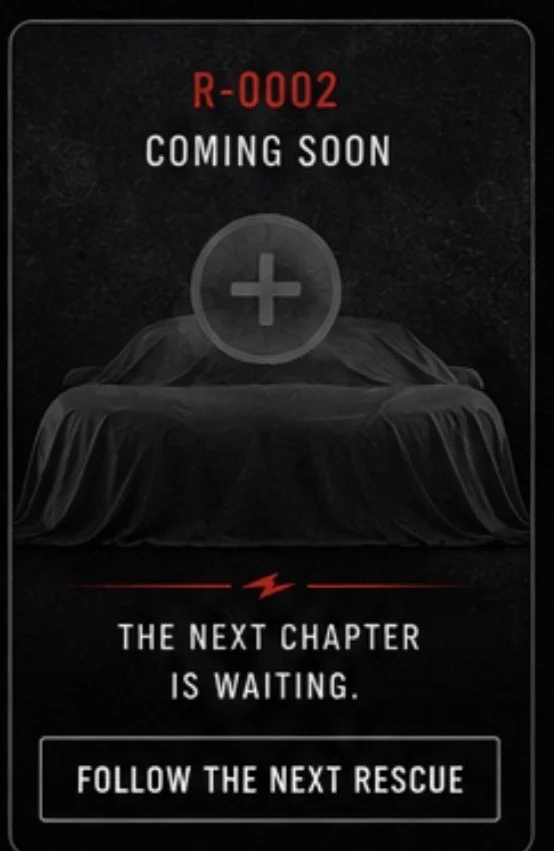 An announcement screen showing a curtain-covered object with a plus sign above it, indicating a new chapter, with the text 'R-0002 Coming Soon' and 'The Next Chapter Is Waiting. Follow the Next Rescue.'