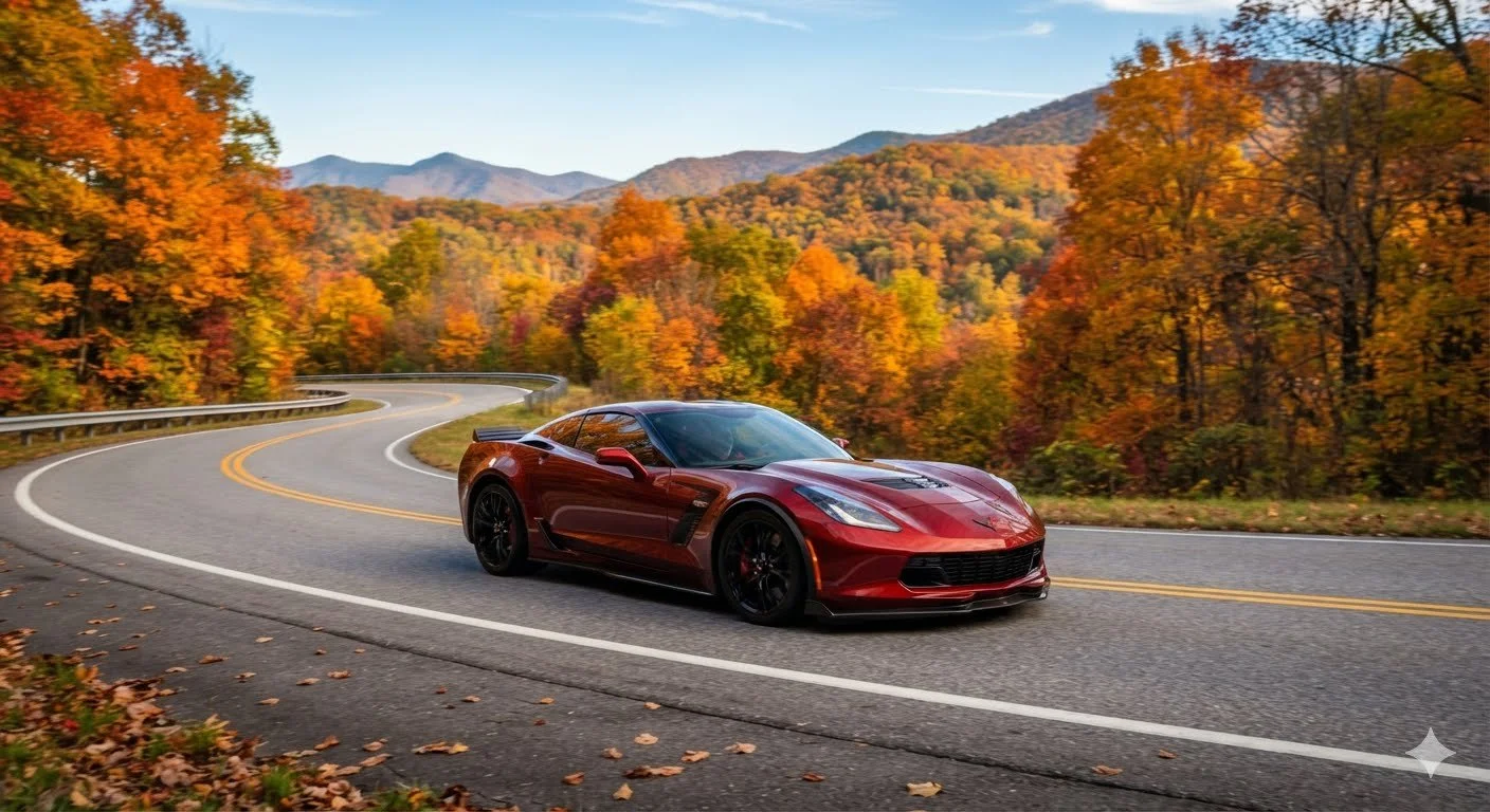 A red sports car driving on a winding mountain road surrounded by colorful autumn trees.