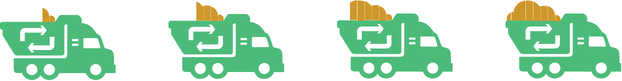 Sequence of four green recycling trucks with different waste containers on top.