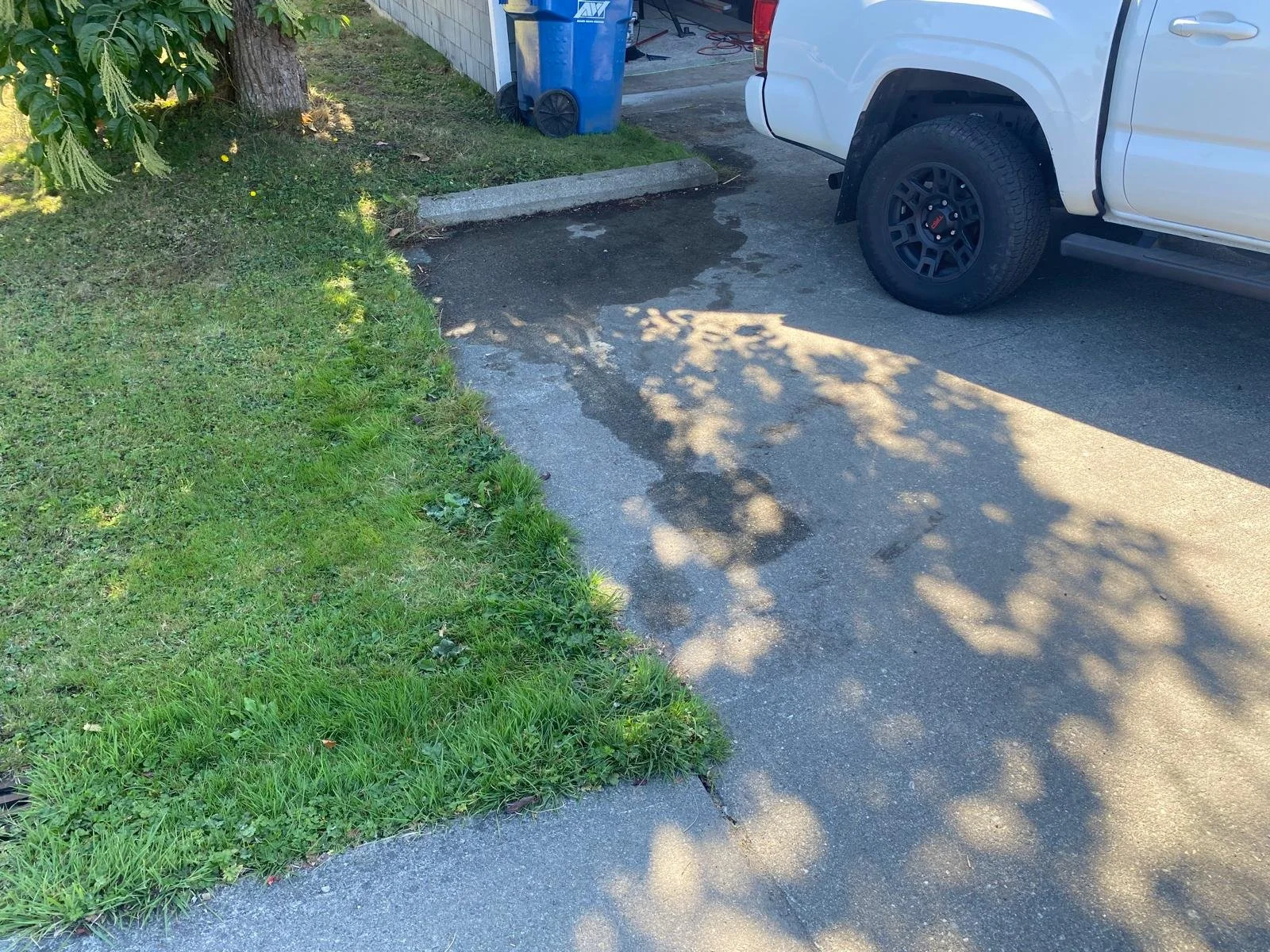 An outdoor scene showing a cleaned up driveway near a small grassy area with a tree, a curb, and a parking lot with a white pickup truck.