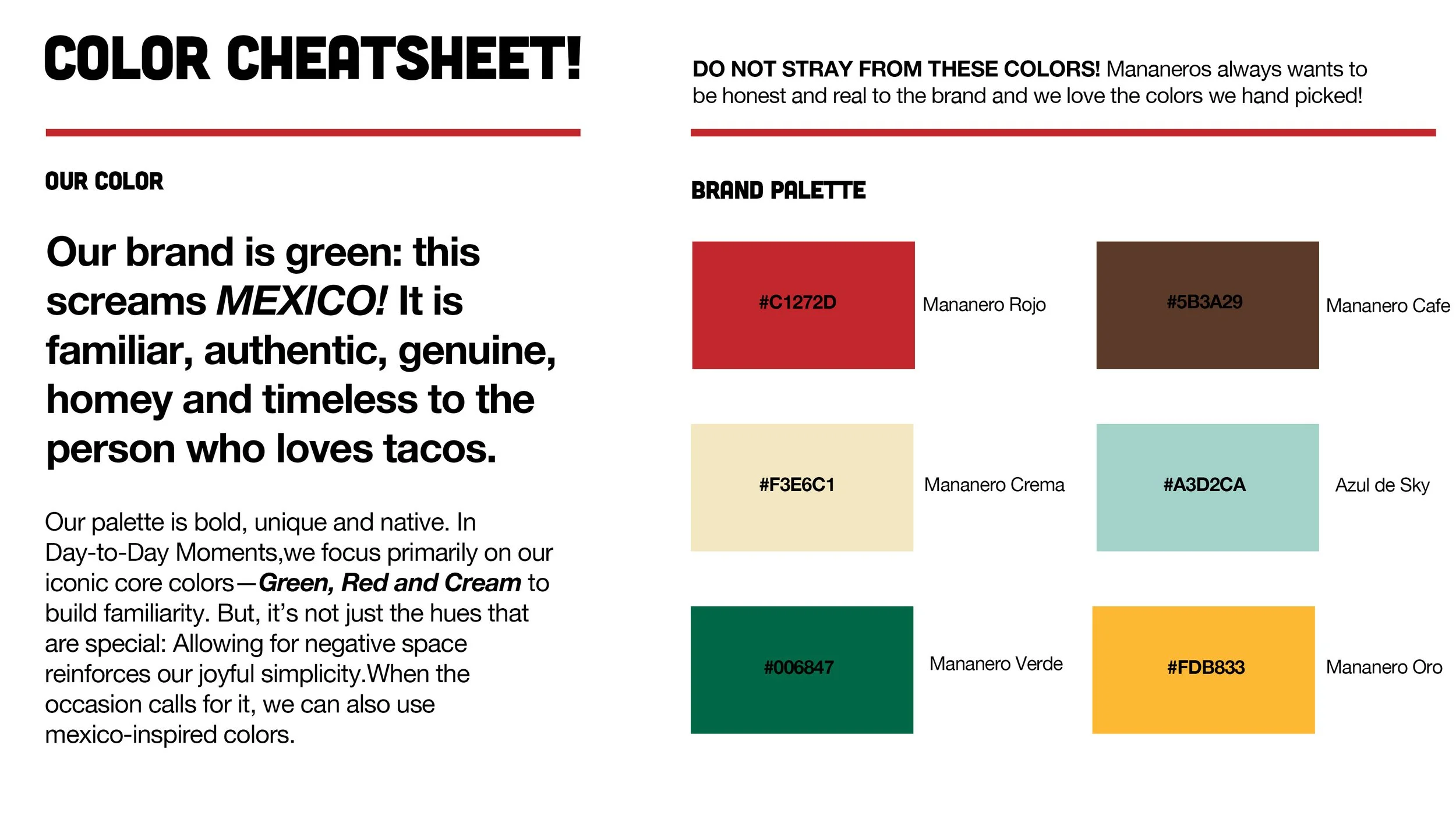 A color cheatsheet titled 'Color Cheatsheet!' explains the brand's key colors: green, red, and cream, with their respective color swatches and hex codes, emphasizing Mexican-inspired colors.