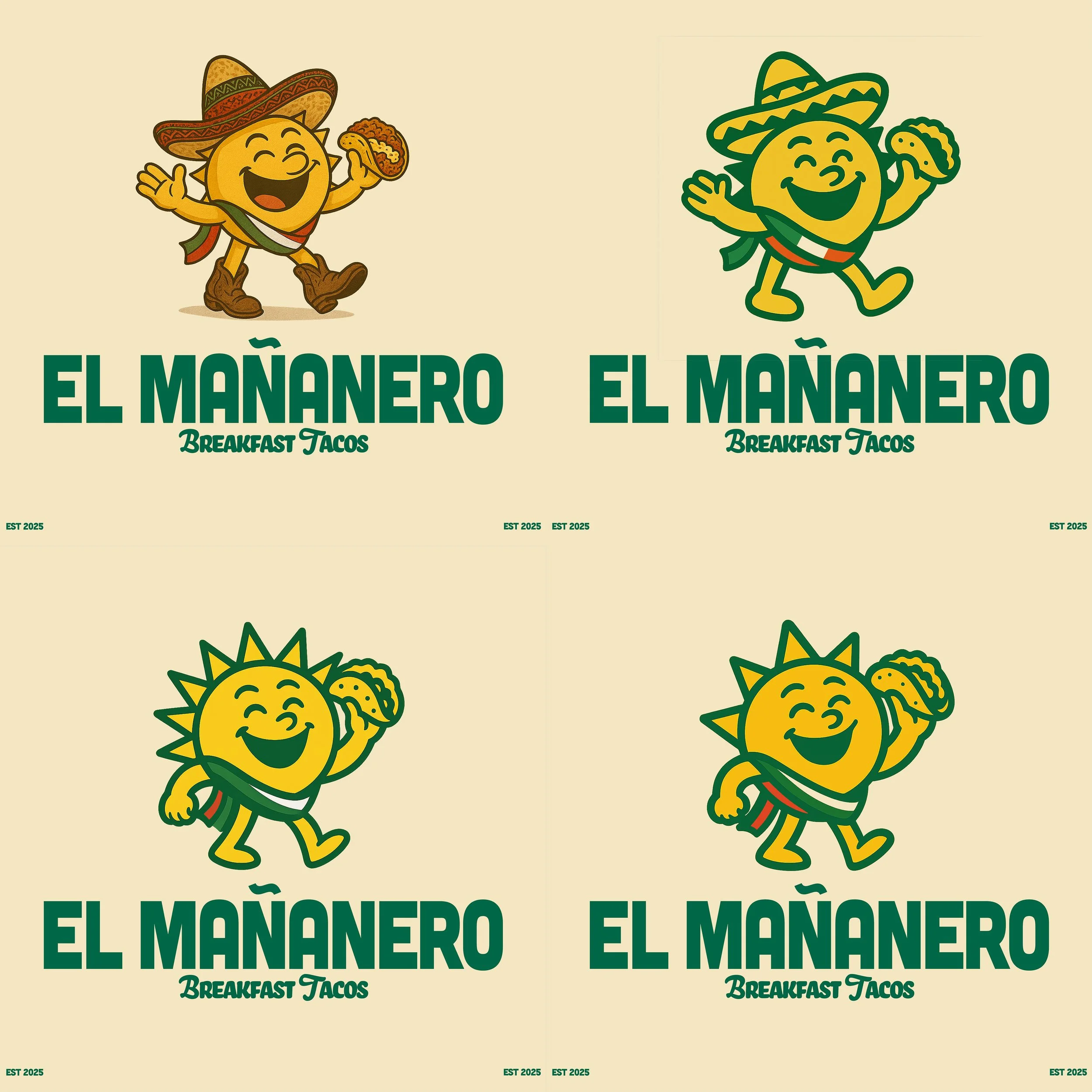Two cartoon characters, one with a sombrero, holding breakfast tacos, with the text 'El Monero Breakfast Tacos' and 'EST 2025' on a beige background.