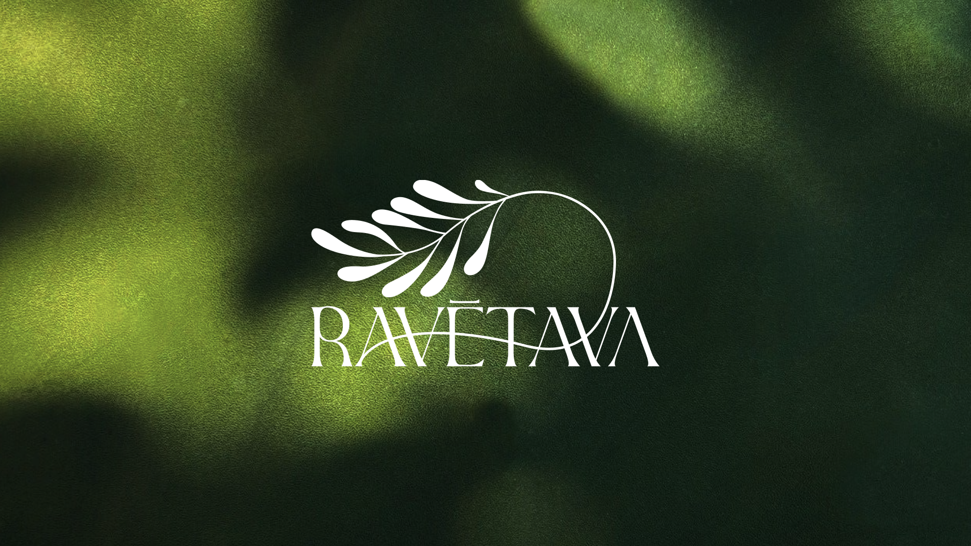 Green textured background with white logo featuring a stylized leaf and the word RAVĒTAVA in an elegant font.