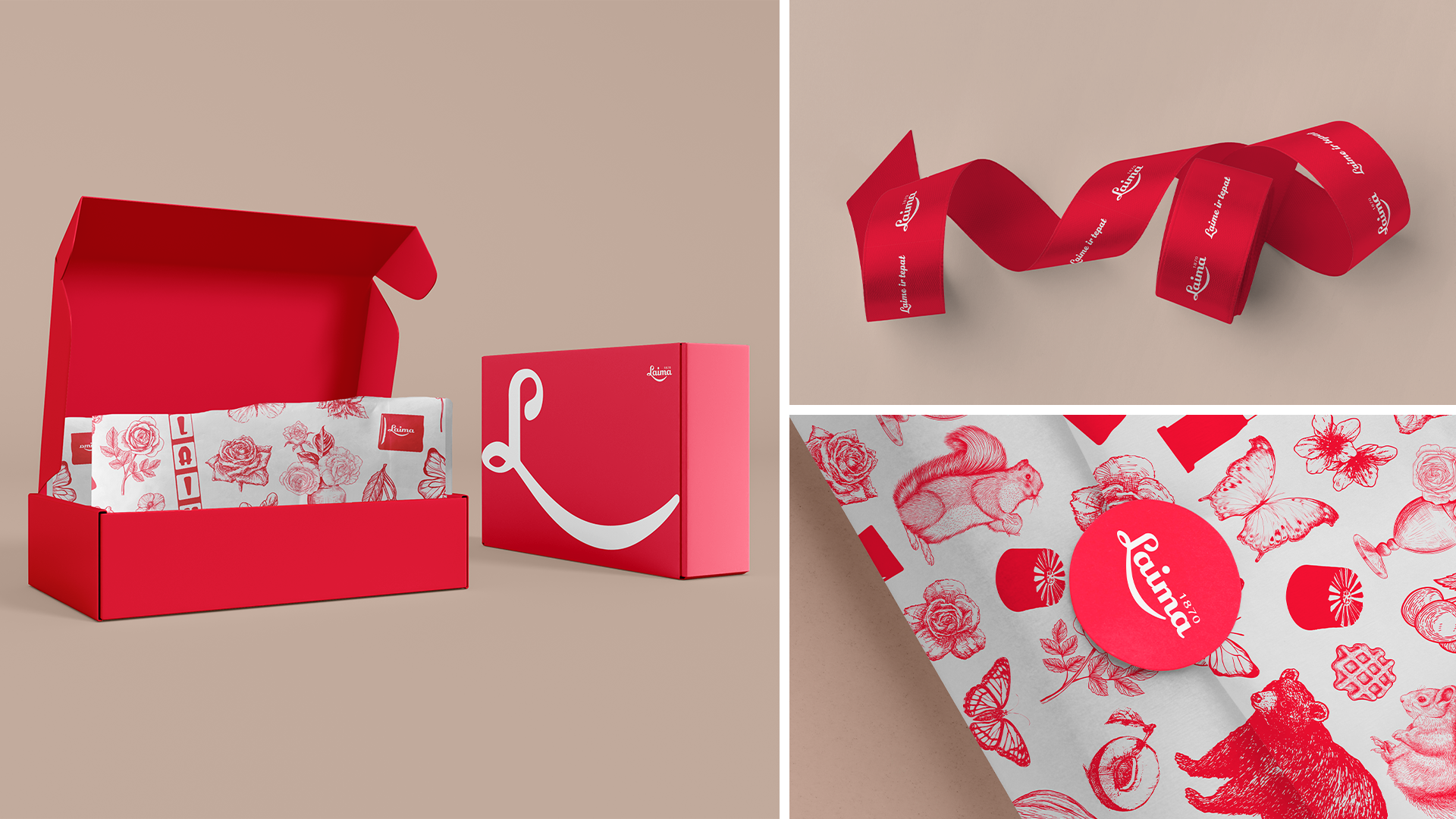 Red packaging box with branded wrapping paper and tissue paper, red ribbon with white print, and a red circular sticker, all featuring floral and butterfly designs, for Laima chocolates.