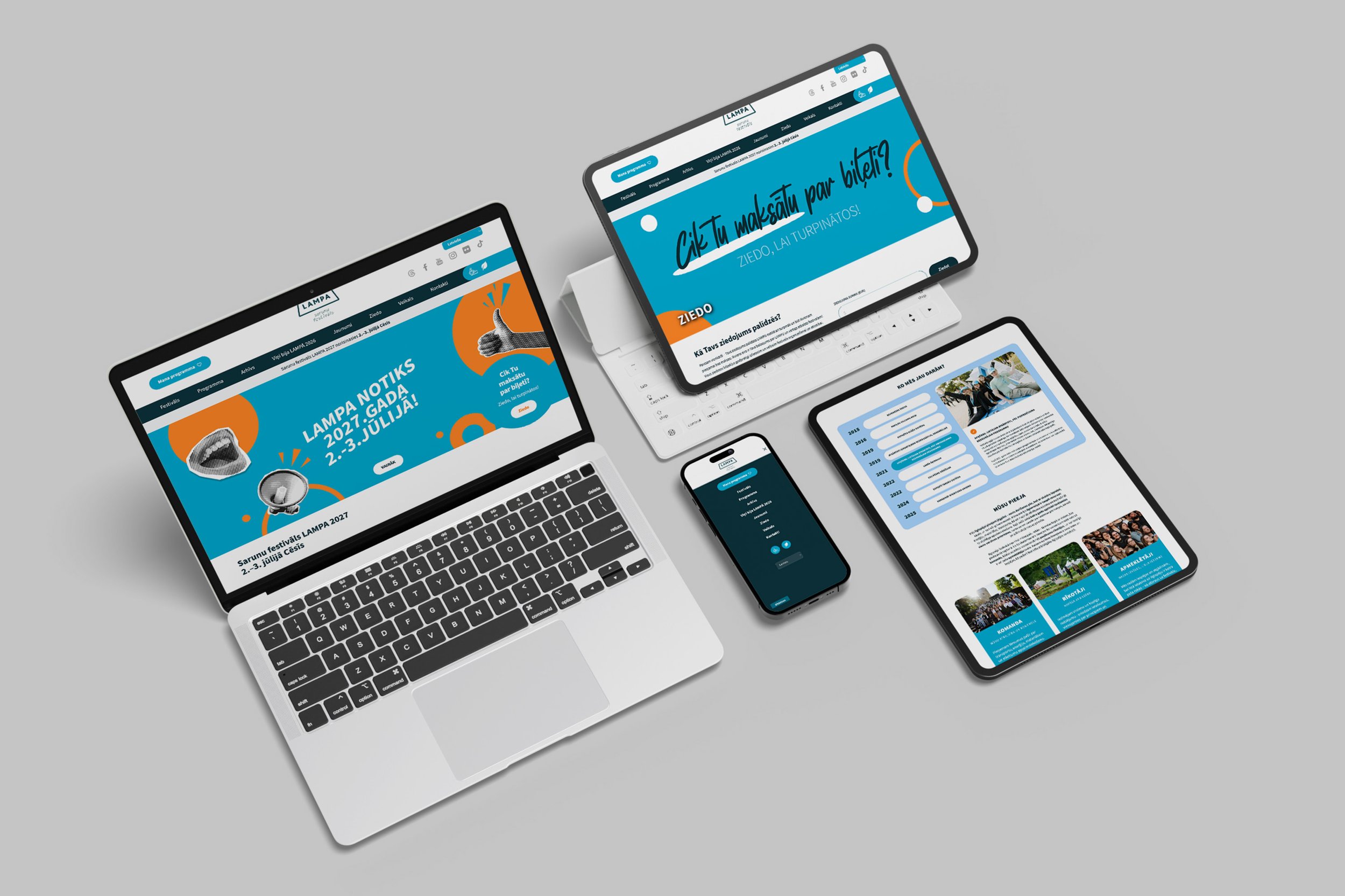 Multiple electronic devices, including a laptop, tablets, and smartphones, displaying websites with blue, orange, and white designs on a gray background.