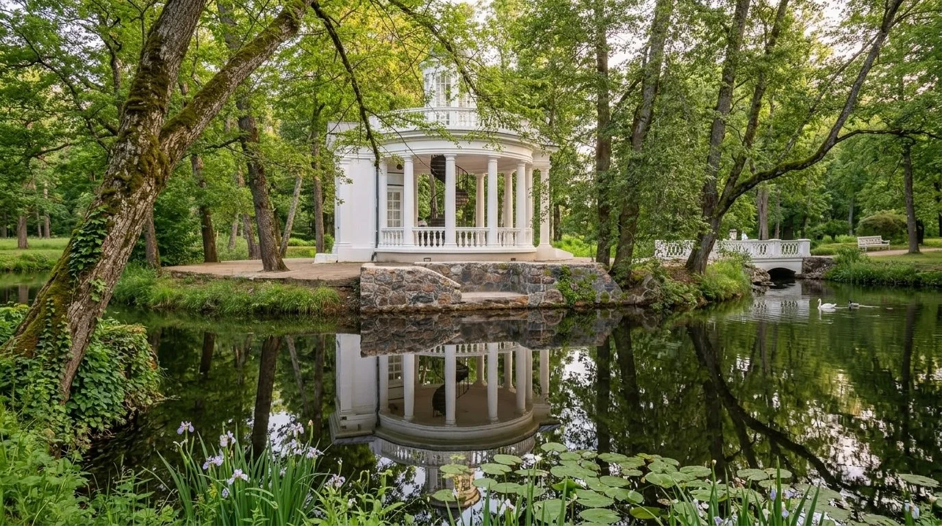 A white circular pavilion with pillars is situated on a small stone platform by a pond, surrounded by green trees and foliage. The pond reflects the pavilion and the trees and has lily pads.