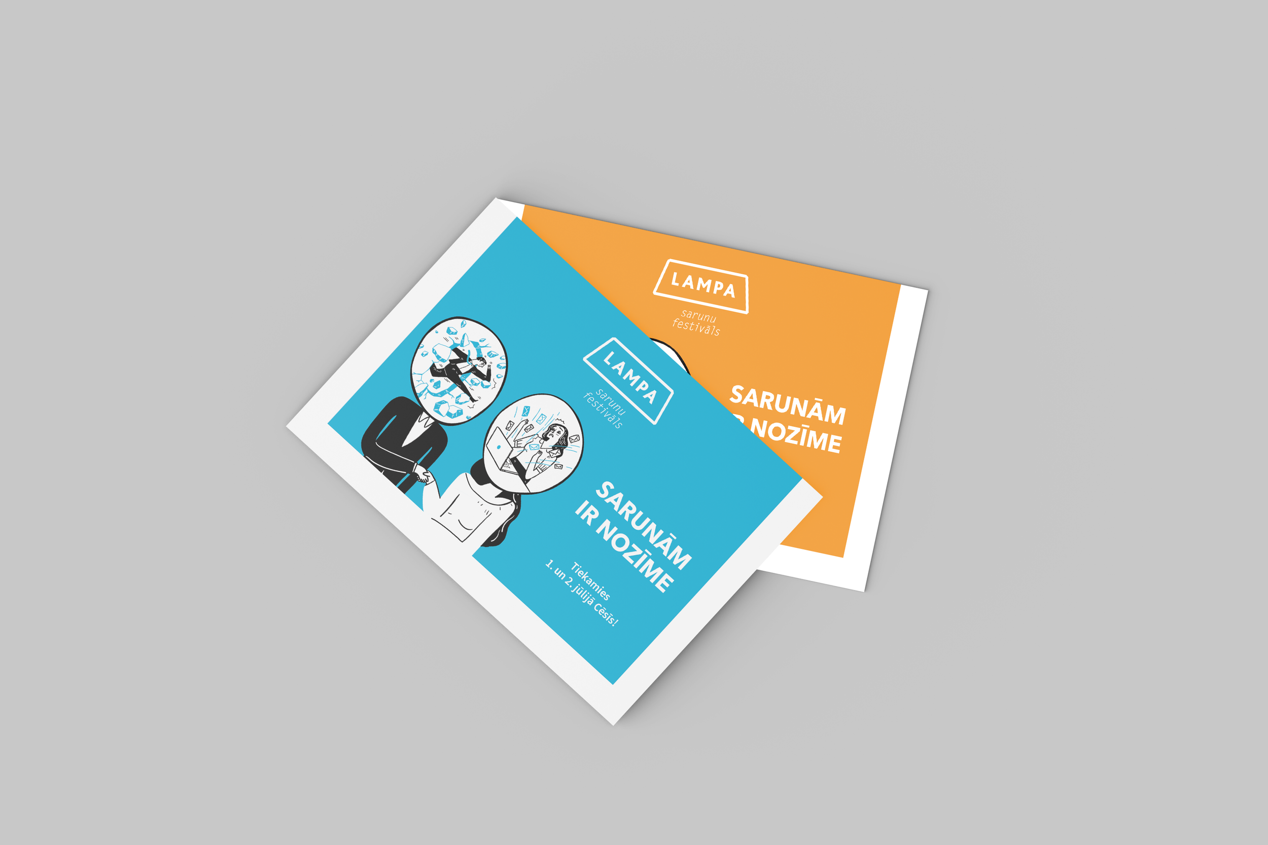 Colorful postcards for a festival with illustrations of people and text in Latvian.