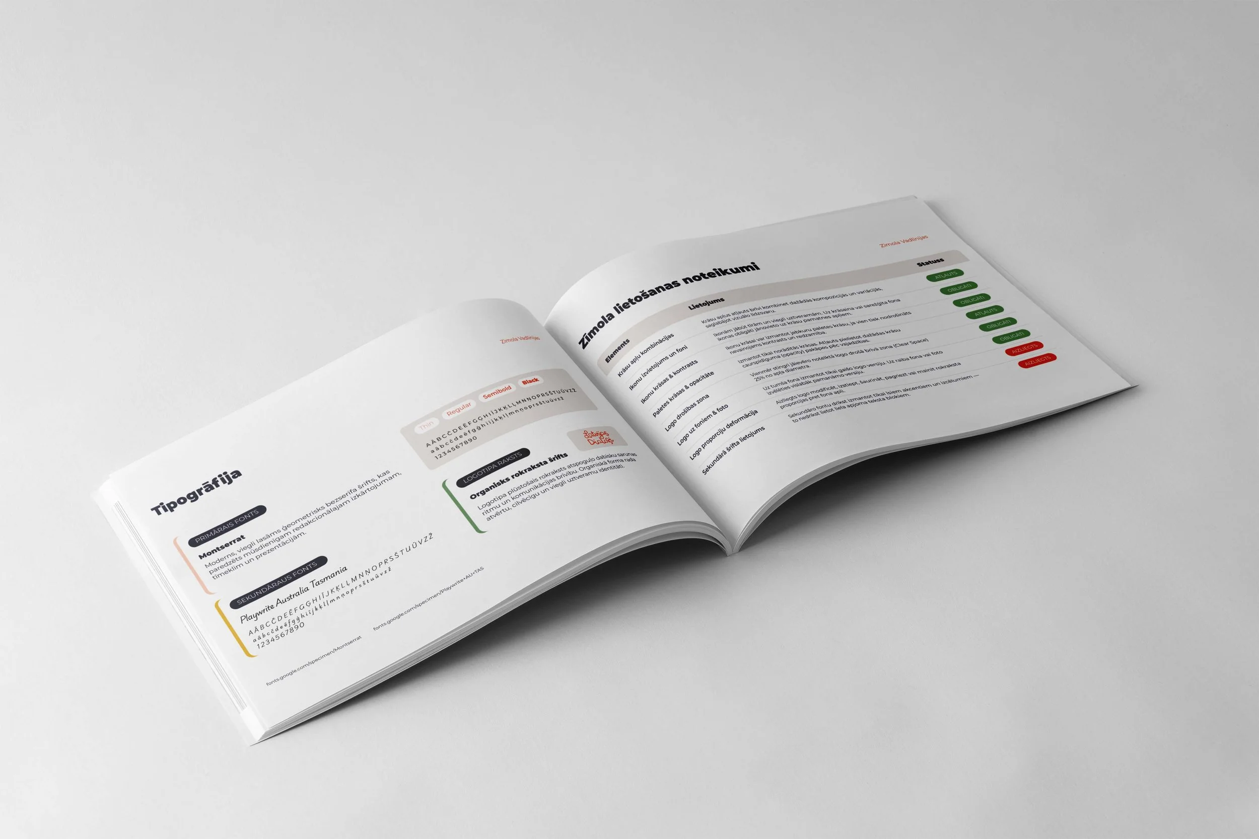Open magazine on a white surface showing typography styles and font details.