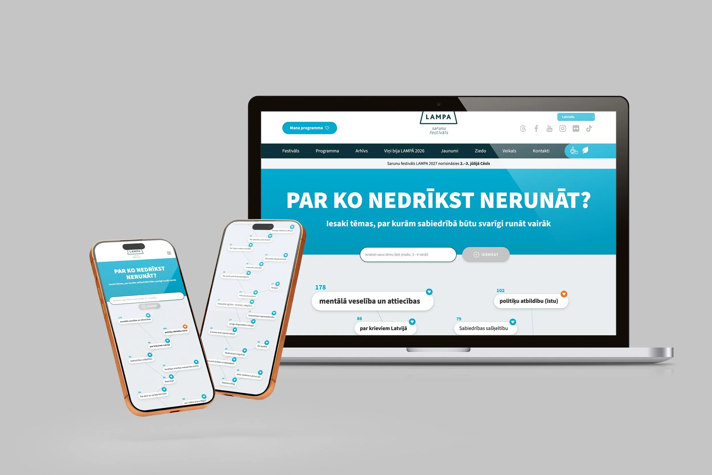 A computer monitor displaying a website about community well-being and mental health, with two smartphones showing the same website with a map and question about what unites people in Latvian.
