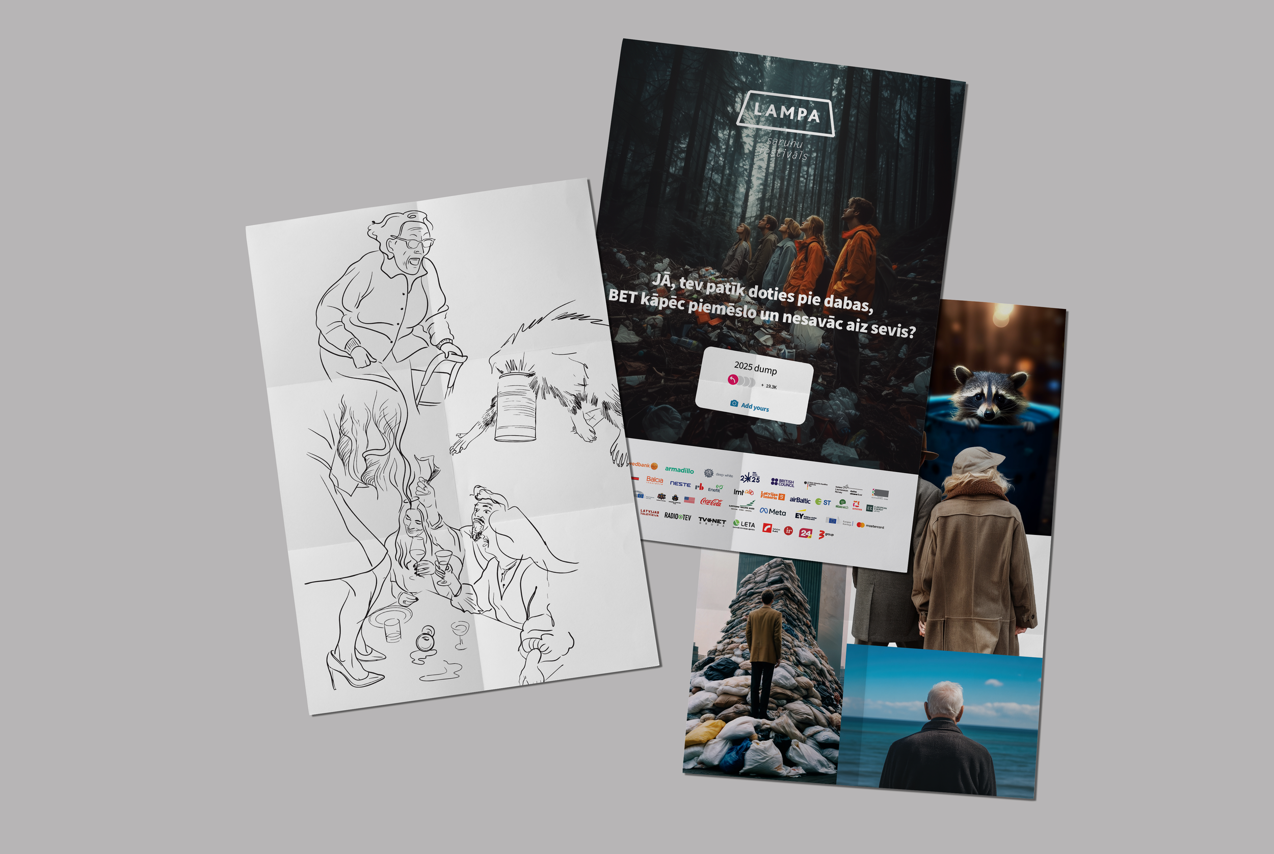 A collection of various posters, including a line drawing of a woman and a dog, a forest-themed festival poster with people wearing orange jackets, and photographs of people outdoors near water or rocks.