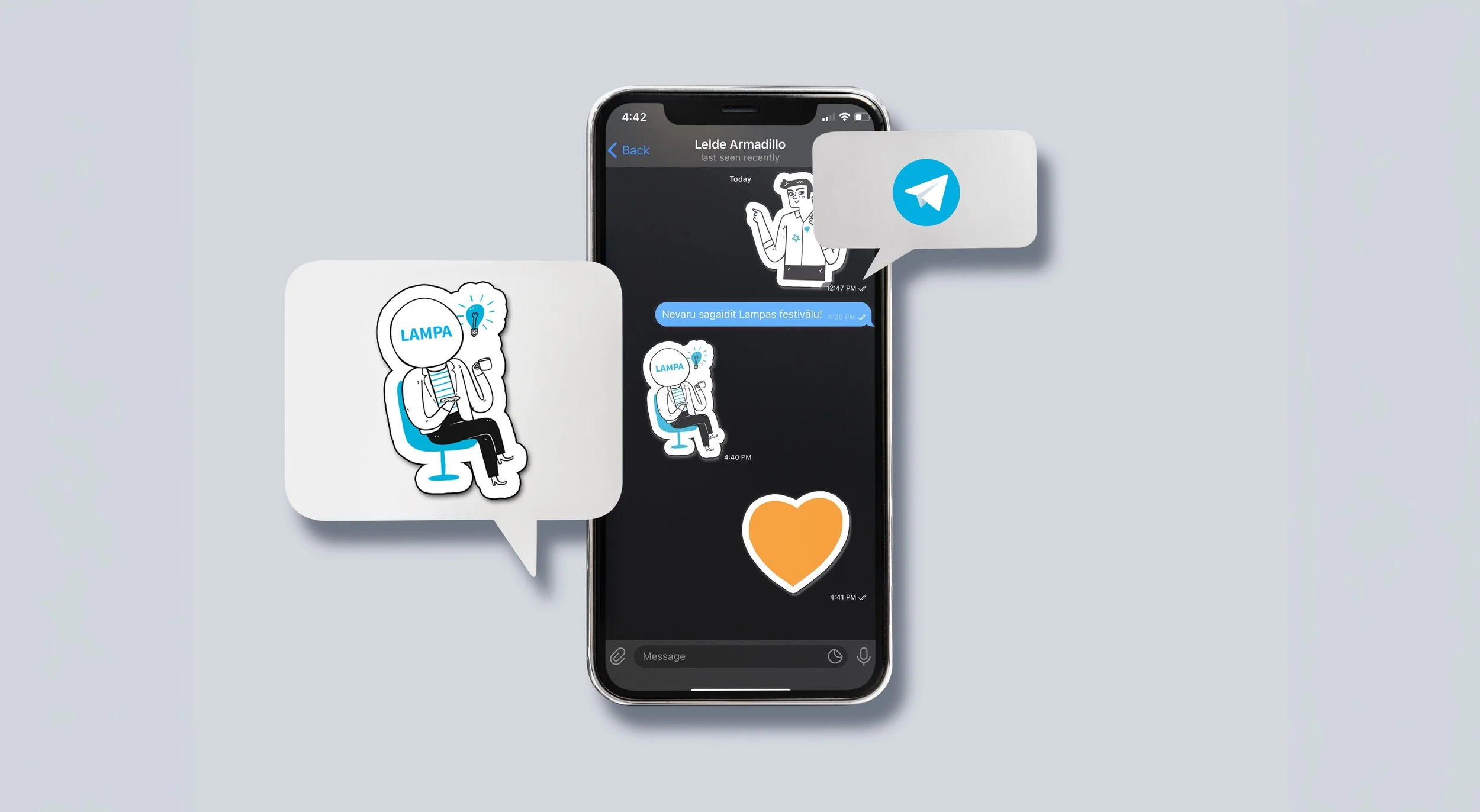 Smartphone screen displaying chat messages with animated stickers of a person sitting on a chair holding a lamp, and a heart emoji. Various stickers are floating around the phone screen.