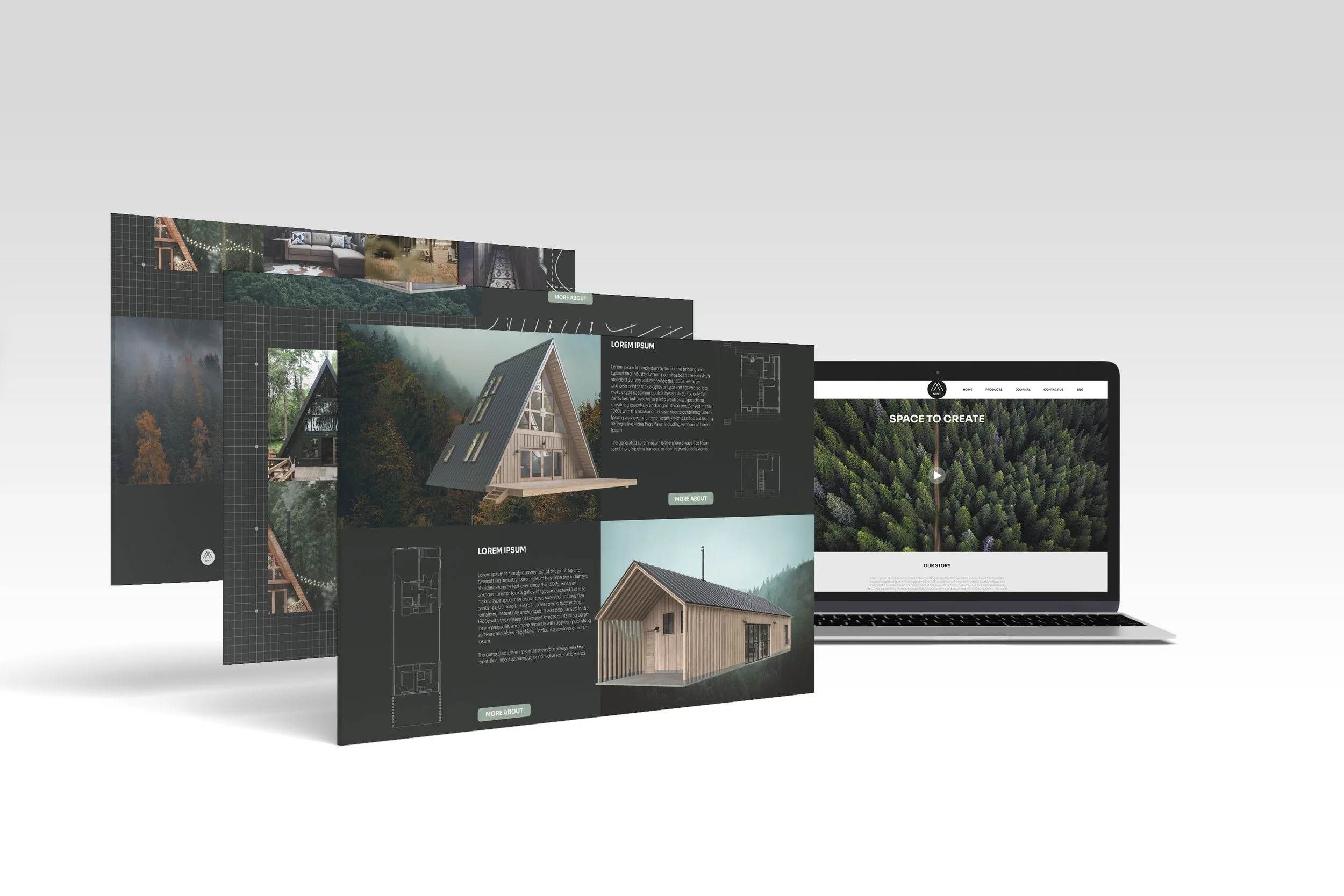 Multiple website mockups with nature and architecture themes displayed on a laptop screen and floating elements.