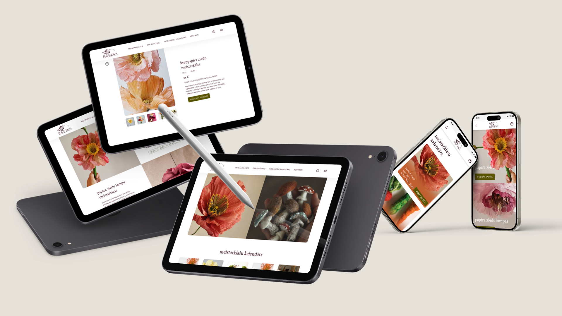 Multiple electronic devices displaying a website about paper flower lamps, with images of pink and coral flowers on screens.
