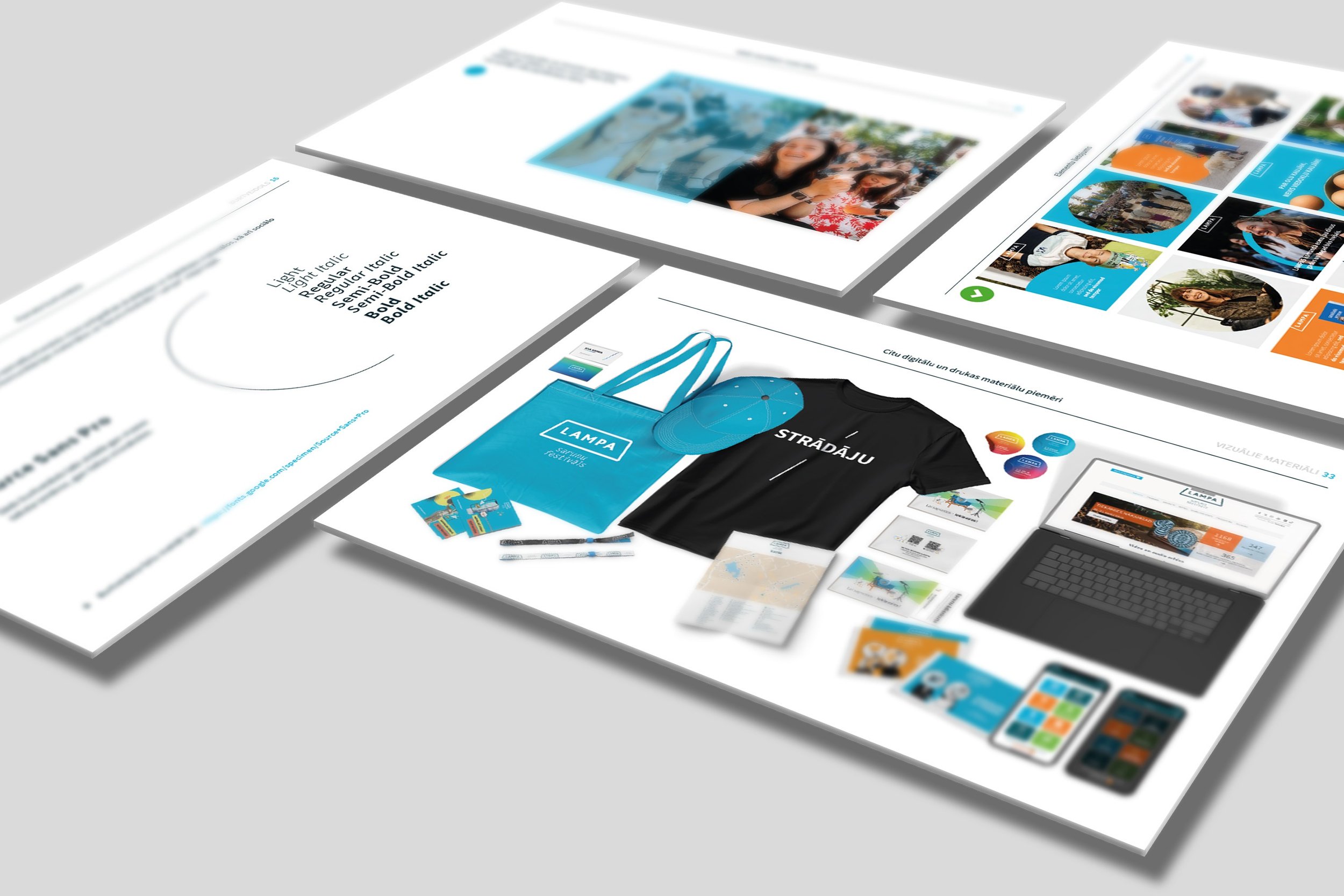 Business presentation with printed marketing materials, a laptop, and branded merchandise including a T-shirt, a cap, a tote bag, and pens, all featuring the LAMPA logo.