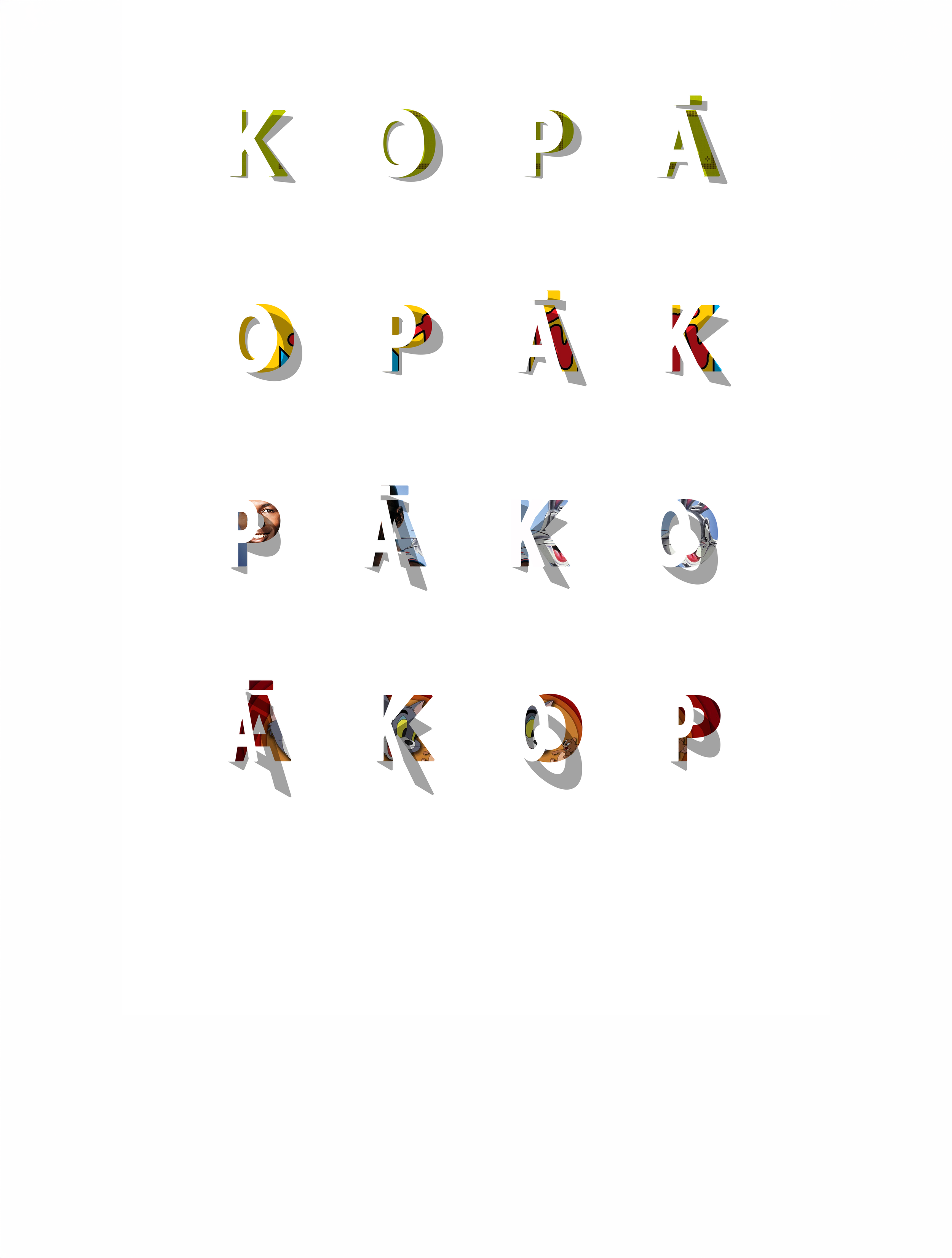 The word 'KOPA' spelled out in three rows with colorful, patterned, 3D block letters on a white background.