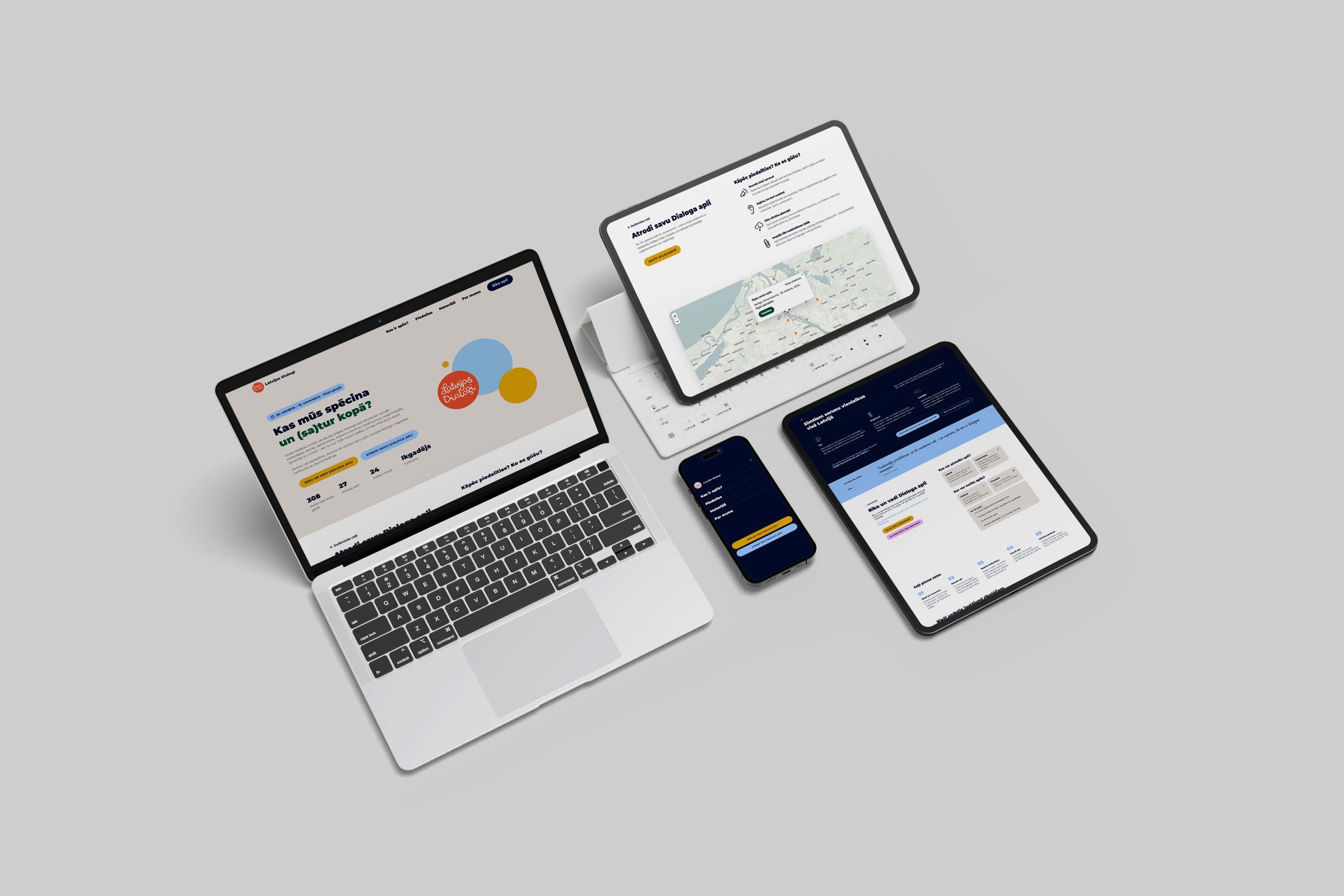 Various electronic devices including a laptop, tablets, and smartphones displaying different websites and applications on a gray background.